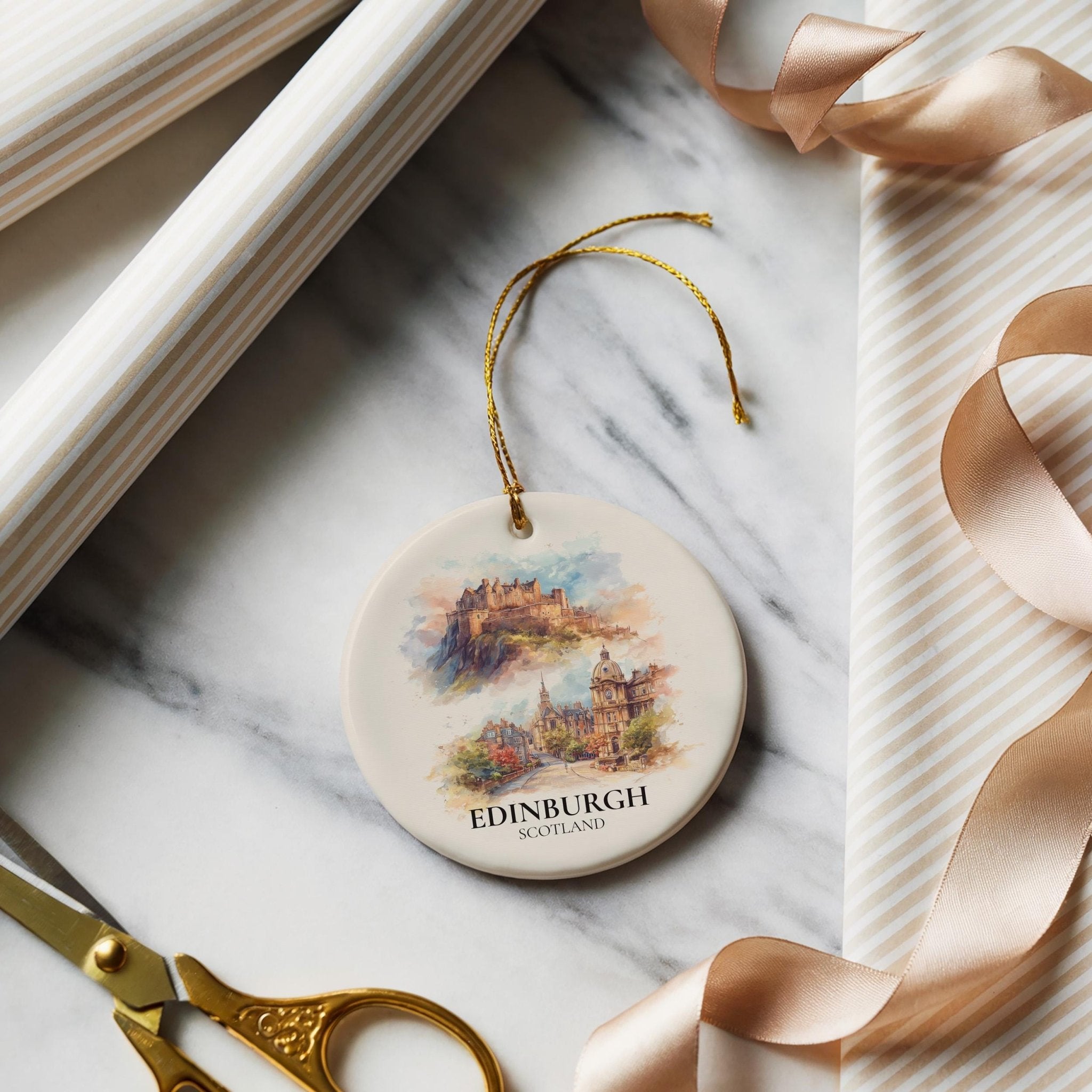 Edinburgh Scotland Custom Watercolor Ornament, Personalized Ceramic Christmas gift, Travel Keepsake - CuteBeePix