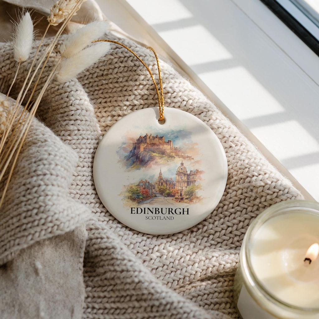 Edinburgh Scotland Custom Watercolor Ornament, Personalized Ceramic Christmas gift, Travel Keepsake - CuteBeePix