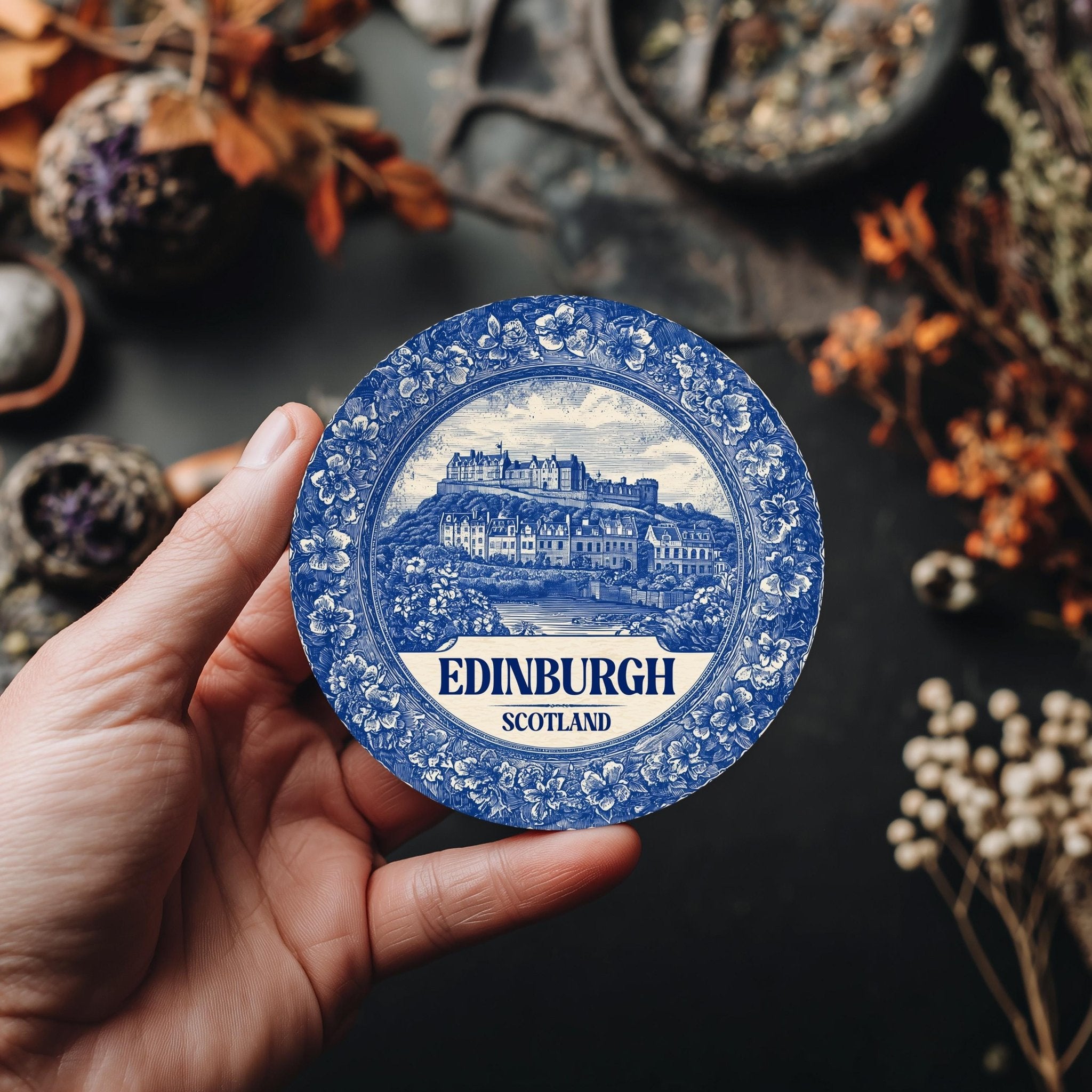 Edinburgh Scotland Delftware Ceramic Coaster, Blue White Travel Gift, Vintage Home Decor Collectible - CuteBeePix