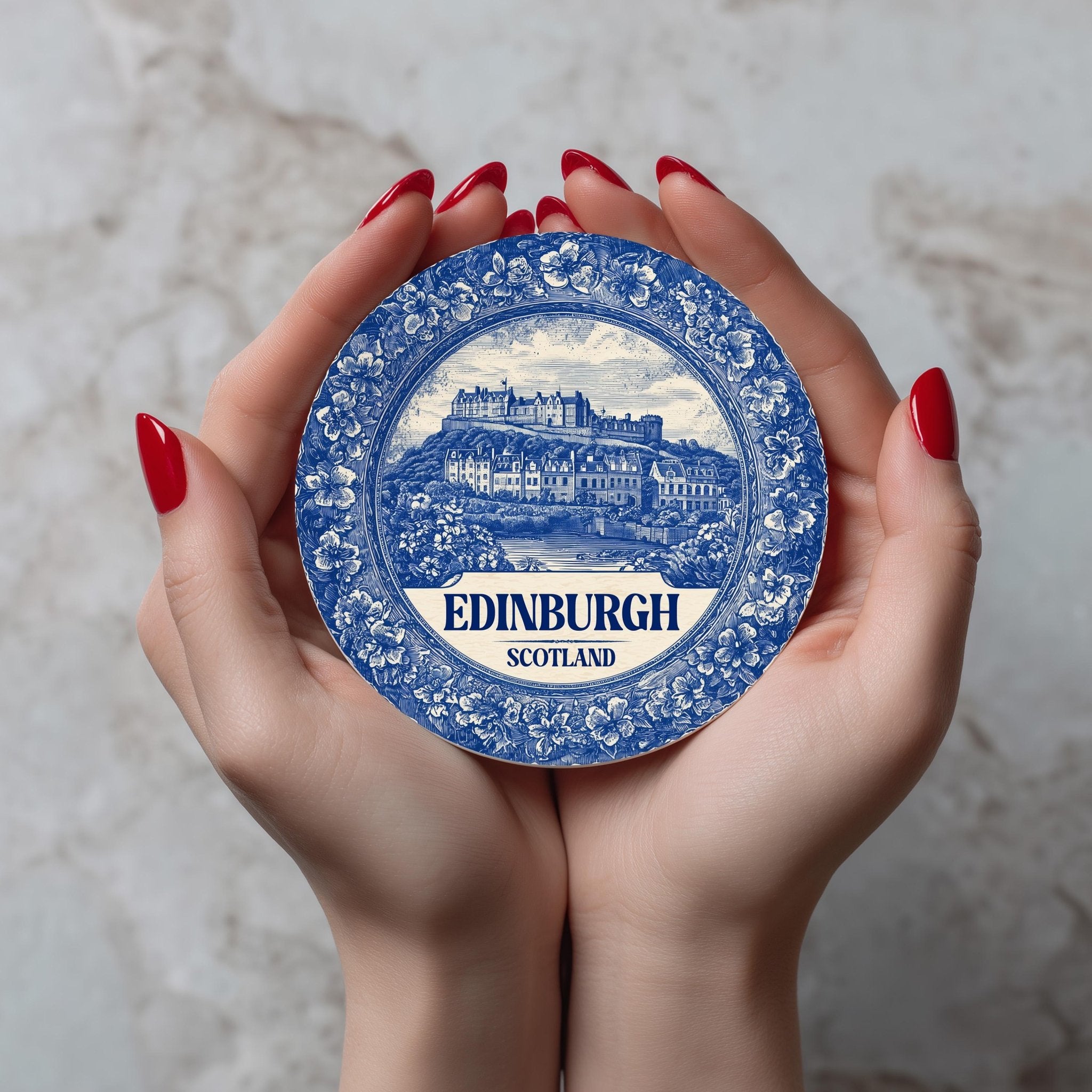 Edinburgh Scotland Delftware Ceramic Coaster, Blue White Travel Gift, Vintage Home Decor Collectible - CuteBeePix
