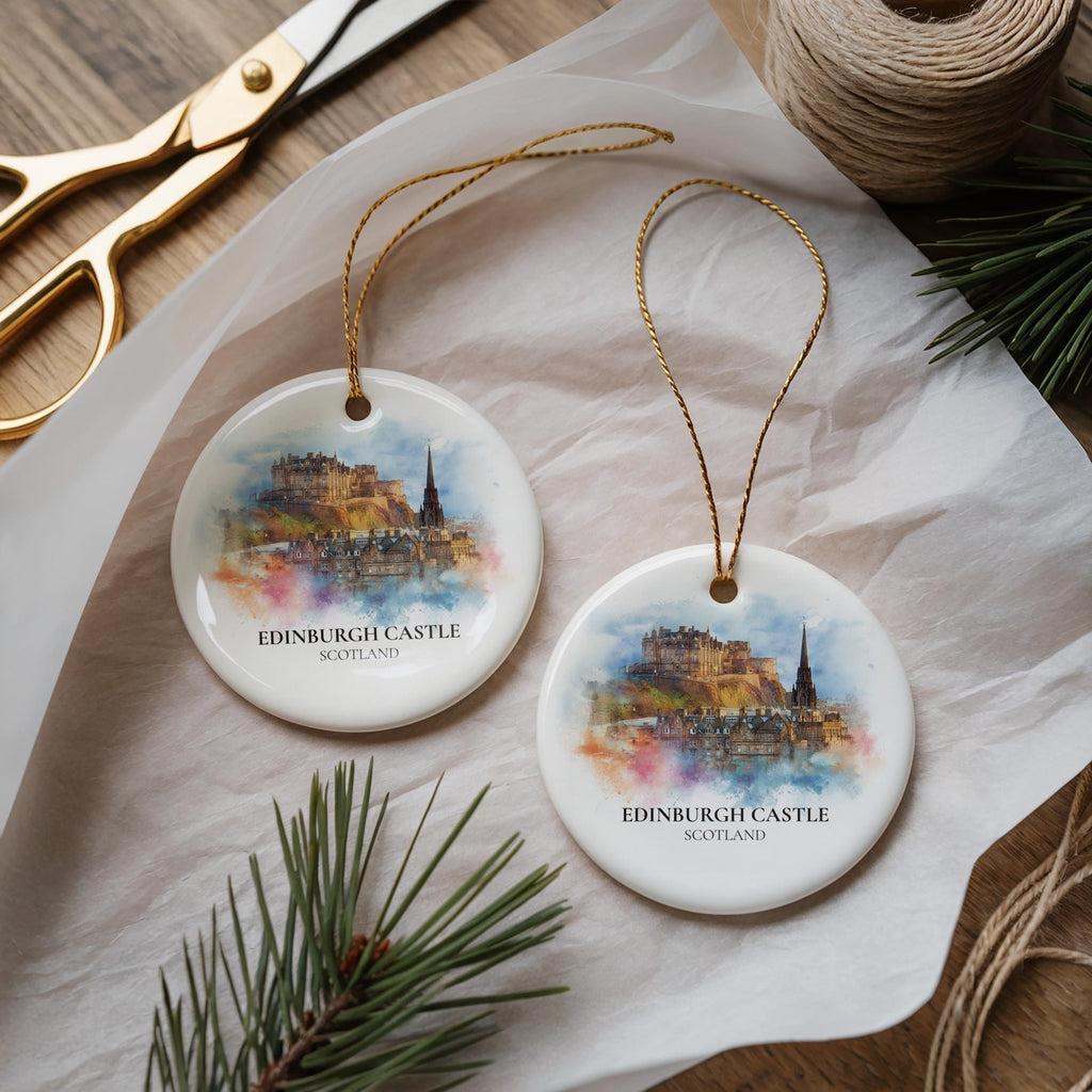 Edinburgh Watercolor Ornament Personalized Scotland , Custom Ceramic Christmas gift, Travel Keepsake - CuteBeePix