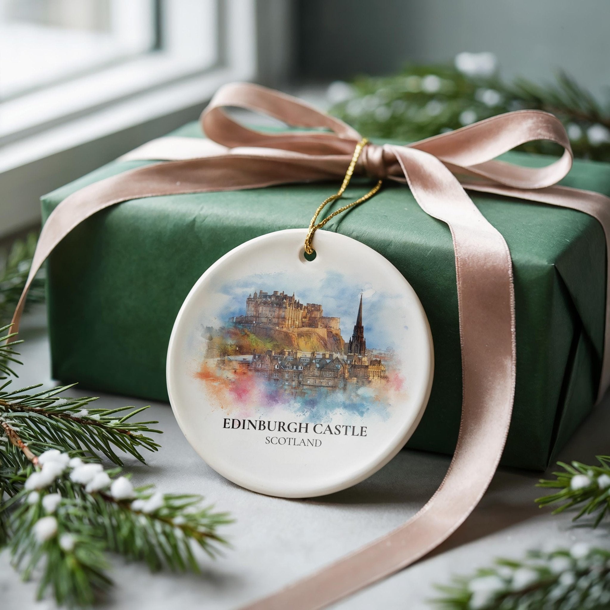 Edinburgh Watercolor Ornament Personalized Scotland , Custom Ceramic Christmas gift, Travel Keepsake - CuteBeePix