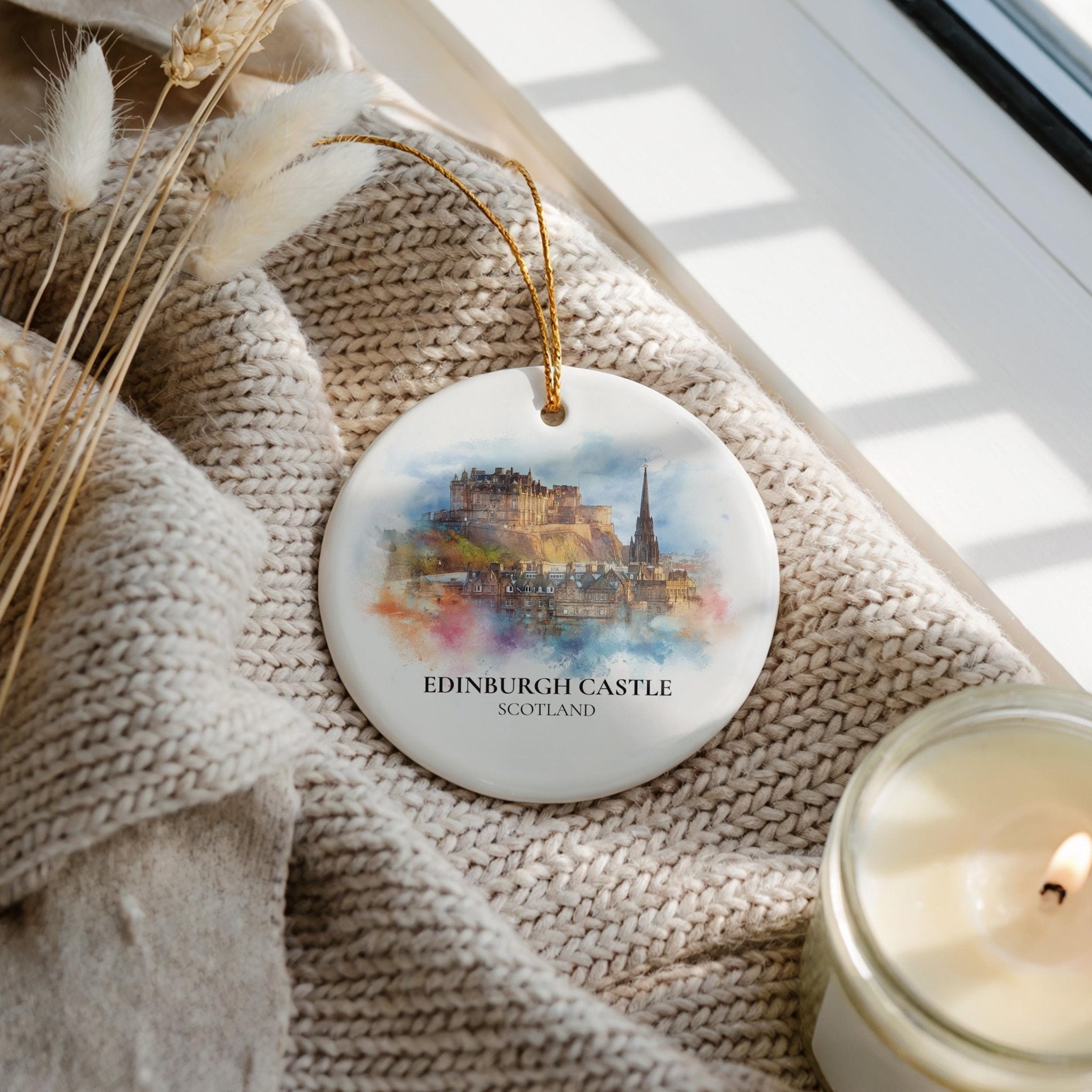 Edinburgh Watercolor Ornament Personalized Scotland , Custom Ceramic Christmas gift, Travel Keepsake - CuteBeePix