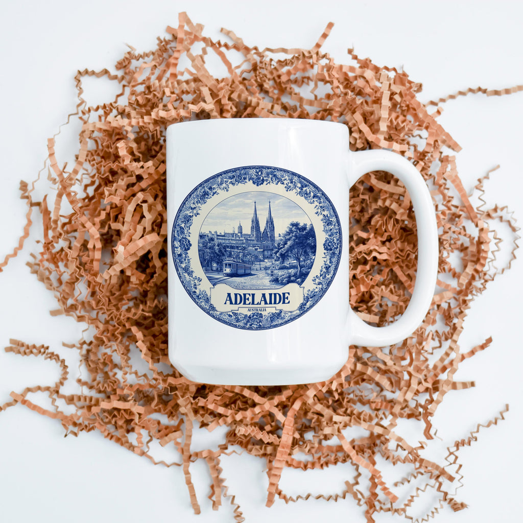 Adelaide Australia Mug, Custom Delft Style cup, Personalized Vintage Travel City Gift