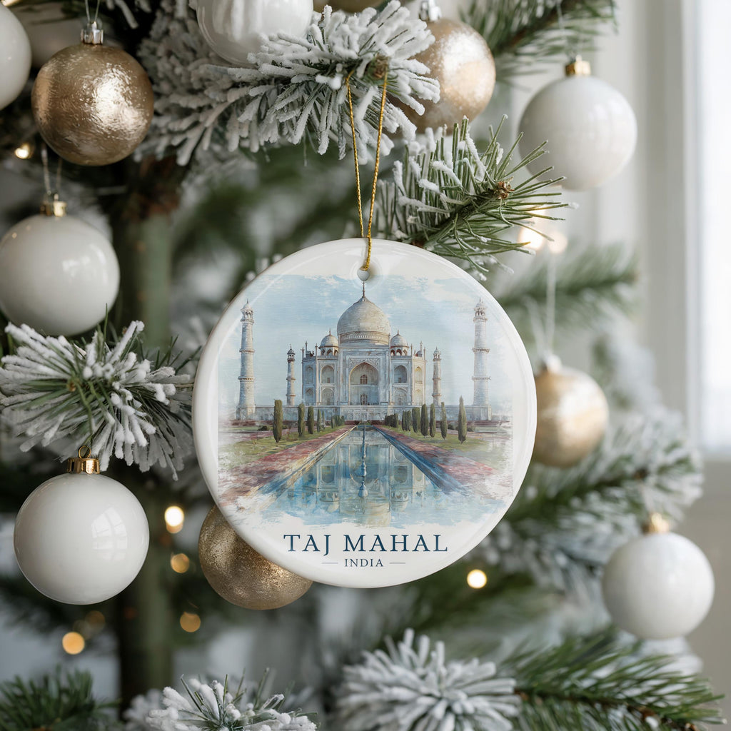 Taj Mahal India Personalized Watercolor Ornament, Custom Ceramic Christmas gift, Travel Keepsake
