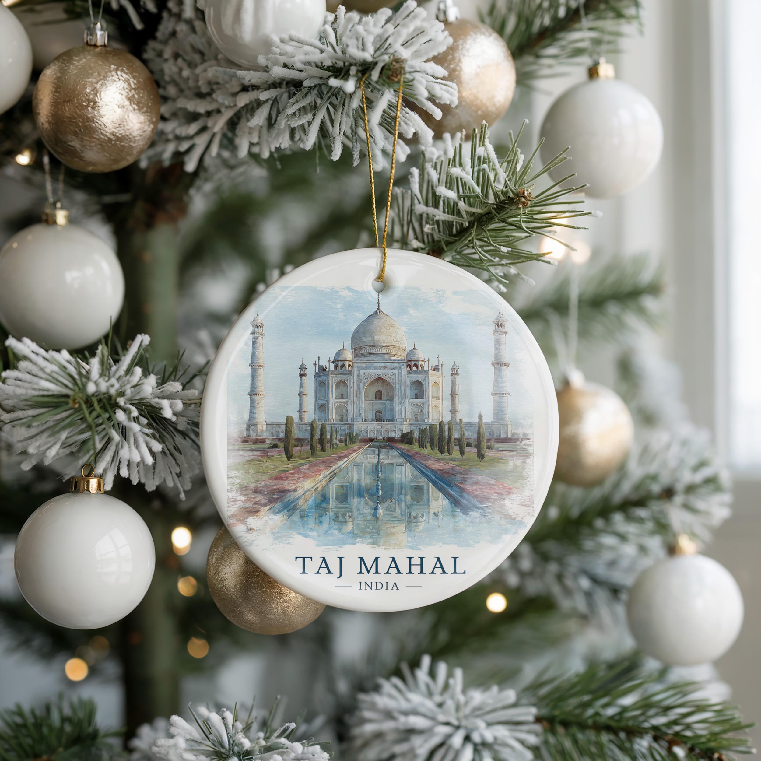 Taj Mahal India Personalized Watercolor Ornament, Custom Ceramic Christmas gift, Travel Keepsake