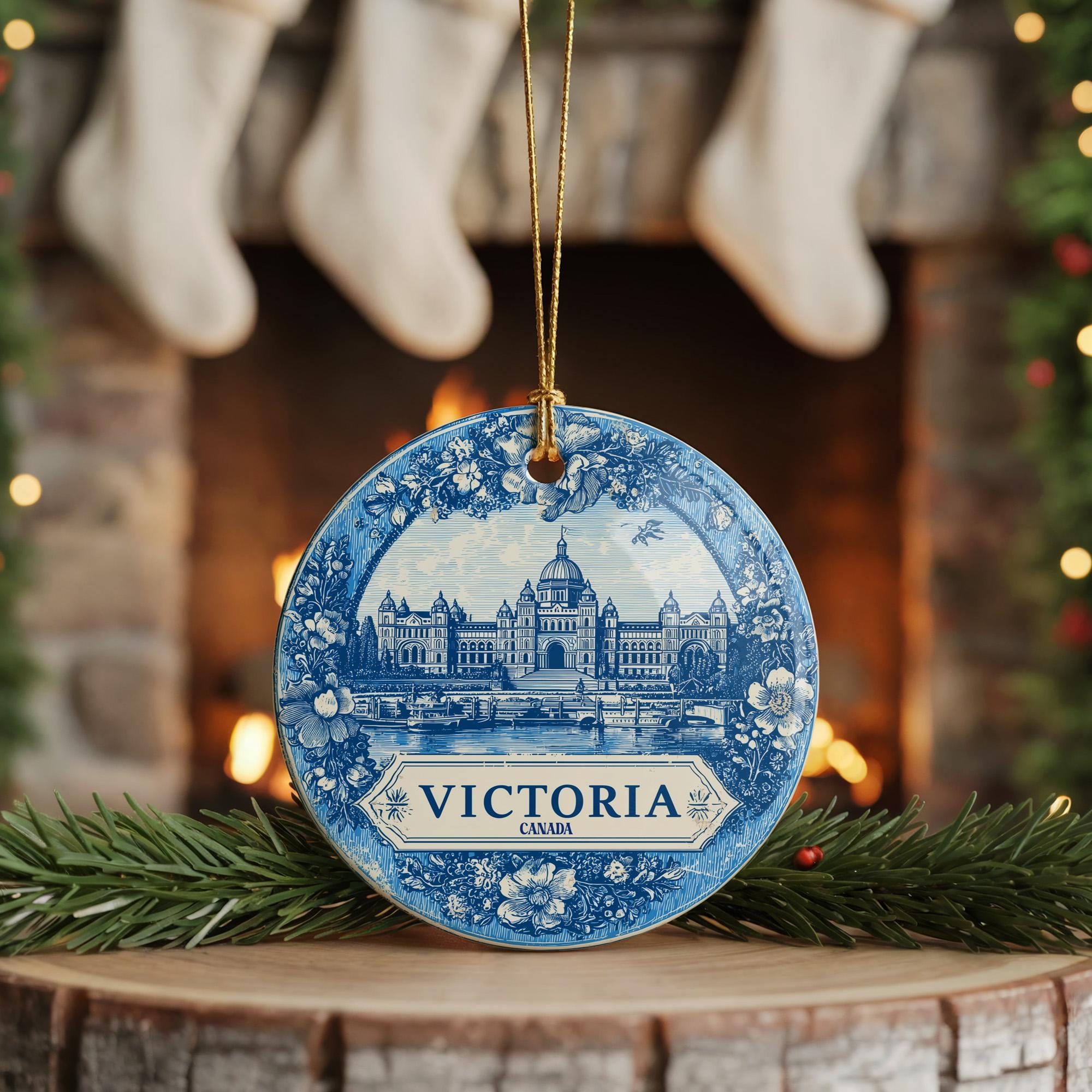 Custom Victoria Canada Ceramic Delft Ornament, Christmas Delftware Blue Delftware city travel