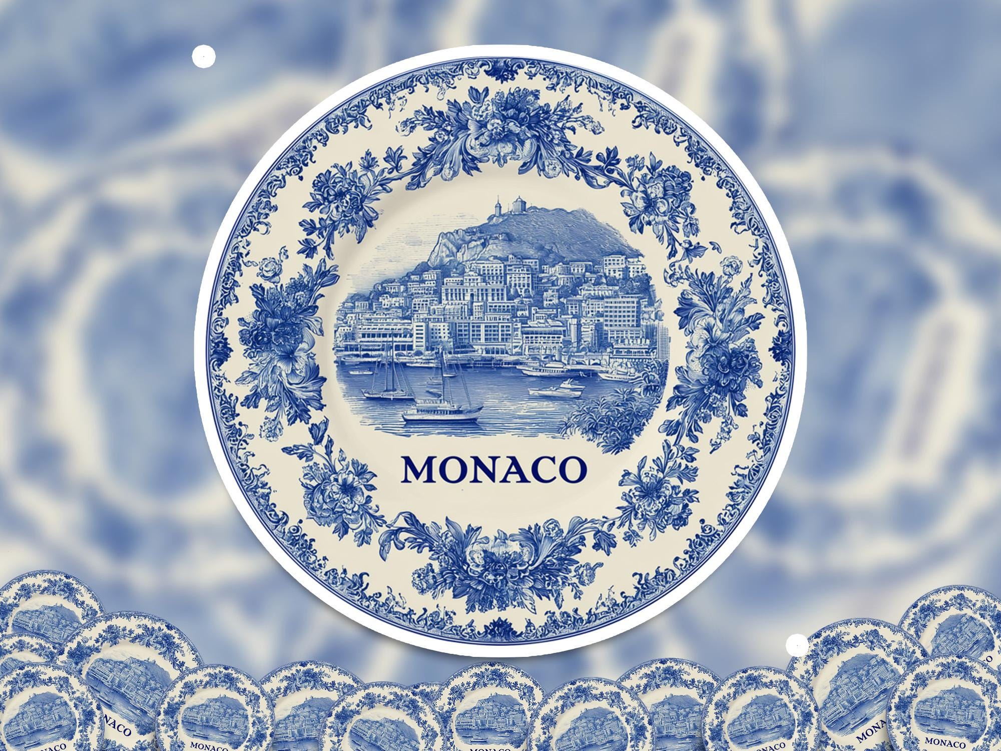 Monaco Sticker Vintage Delft style, Delftware Decal Waterproof Vinyl, Blue City Travel