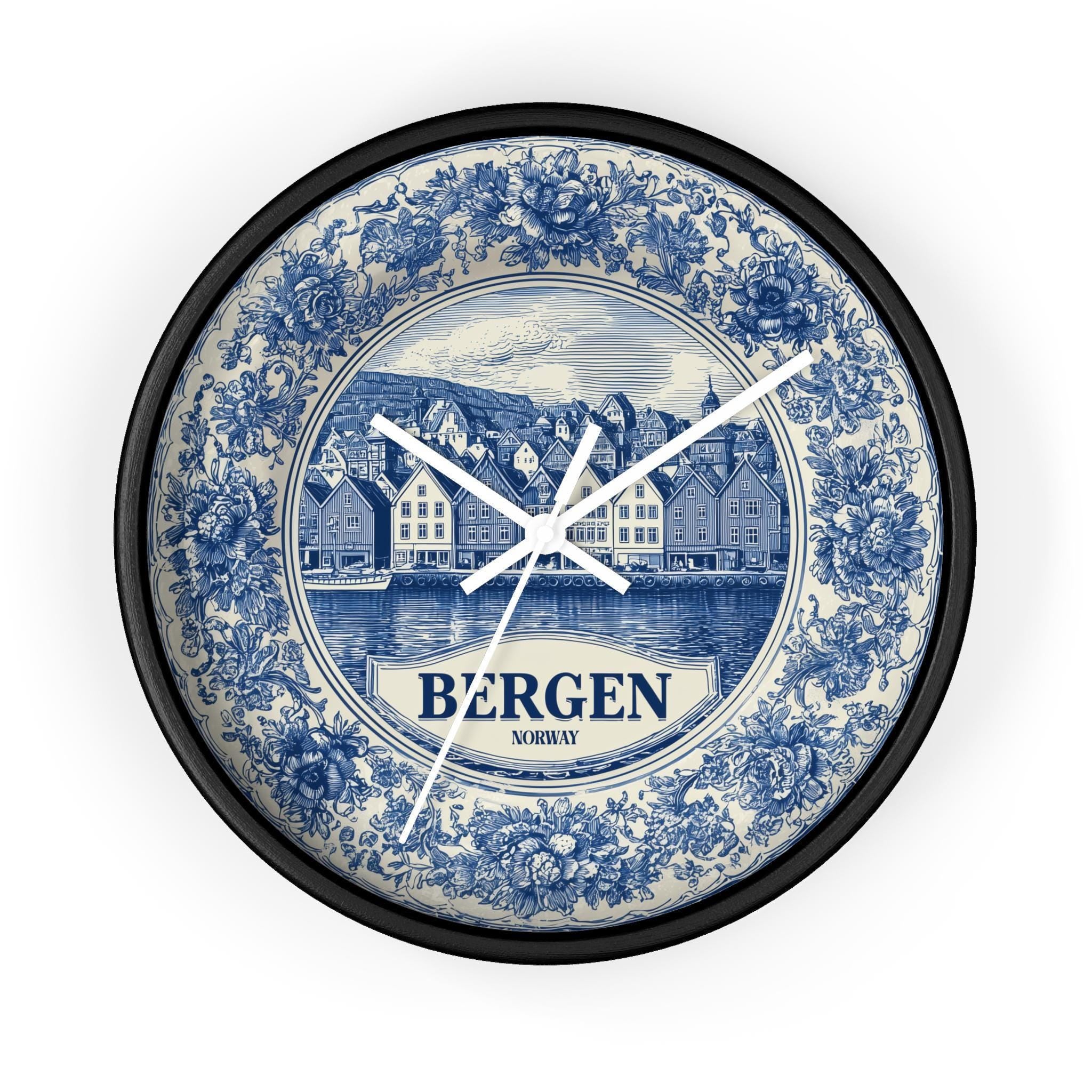 Bergen Norway Wall Clock, Delf style Home Decor, Vintage City Travel Keepsake Art