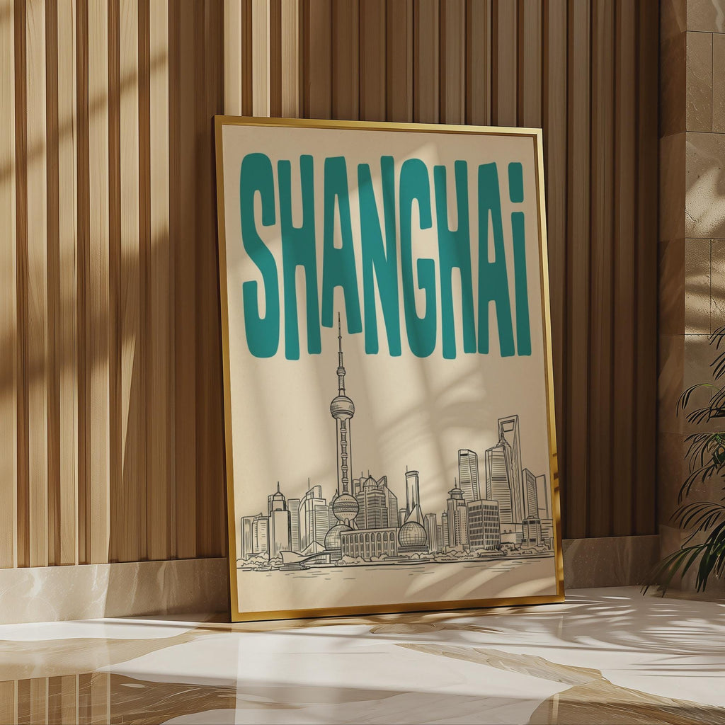 Shanghai Skyline Wall Art, Vintage Travel Poster, Framed Canvas Print