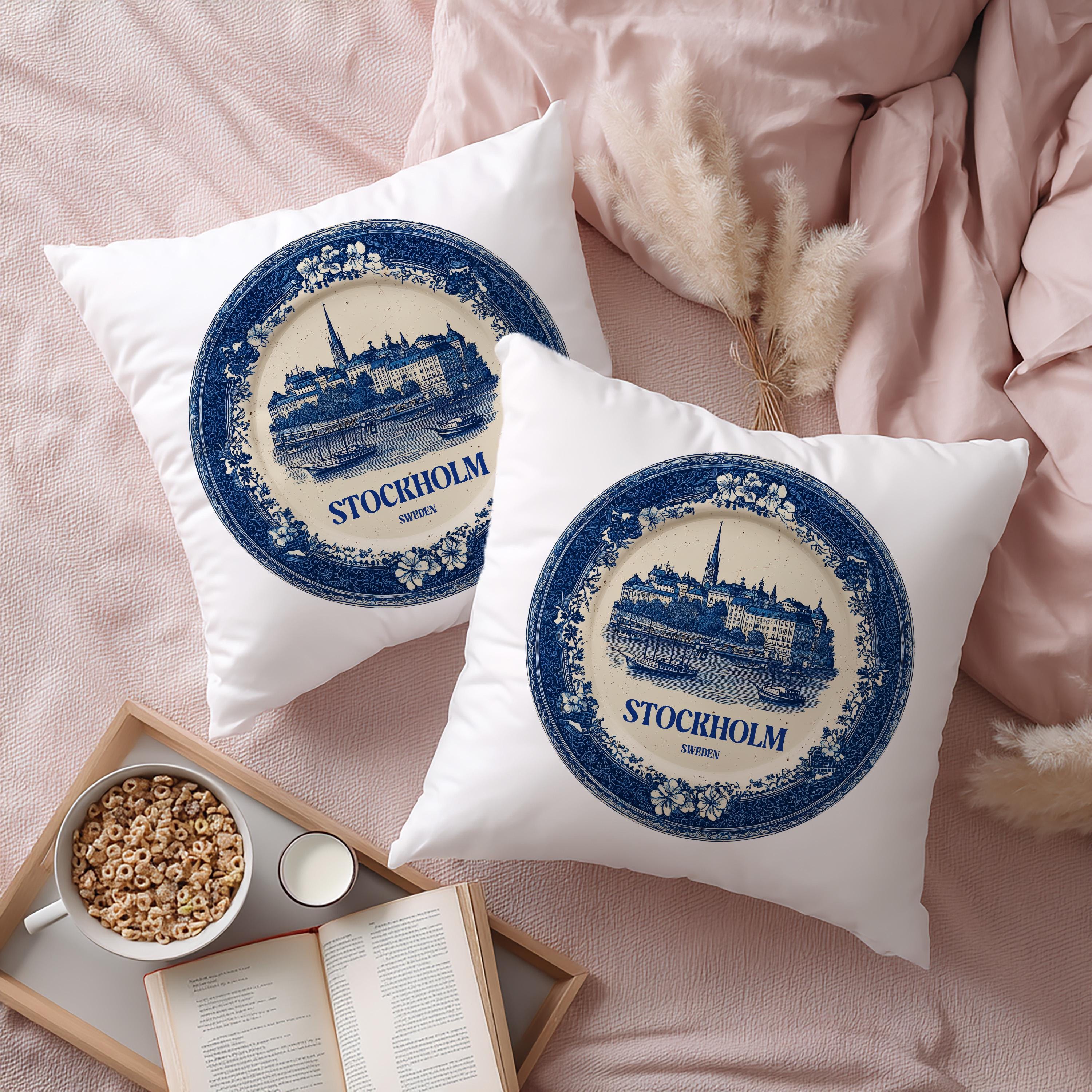 Stockholm Sweden Pillowcase, Delft Style Decorative Throw Pillow, Vintage Cityscape Retro Home Decor