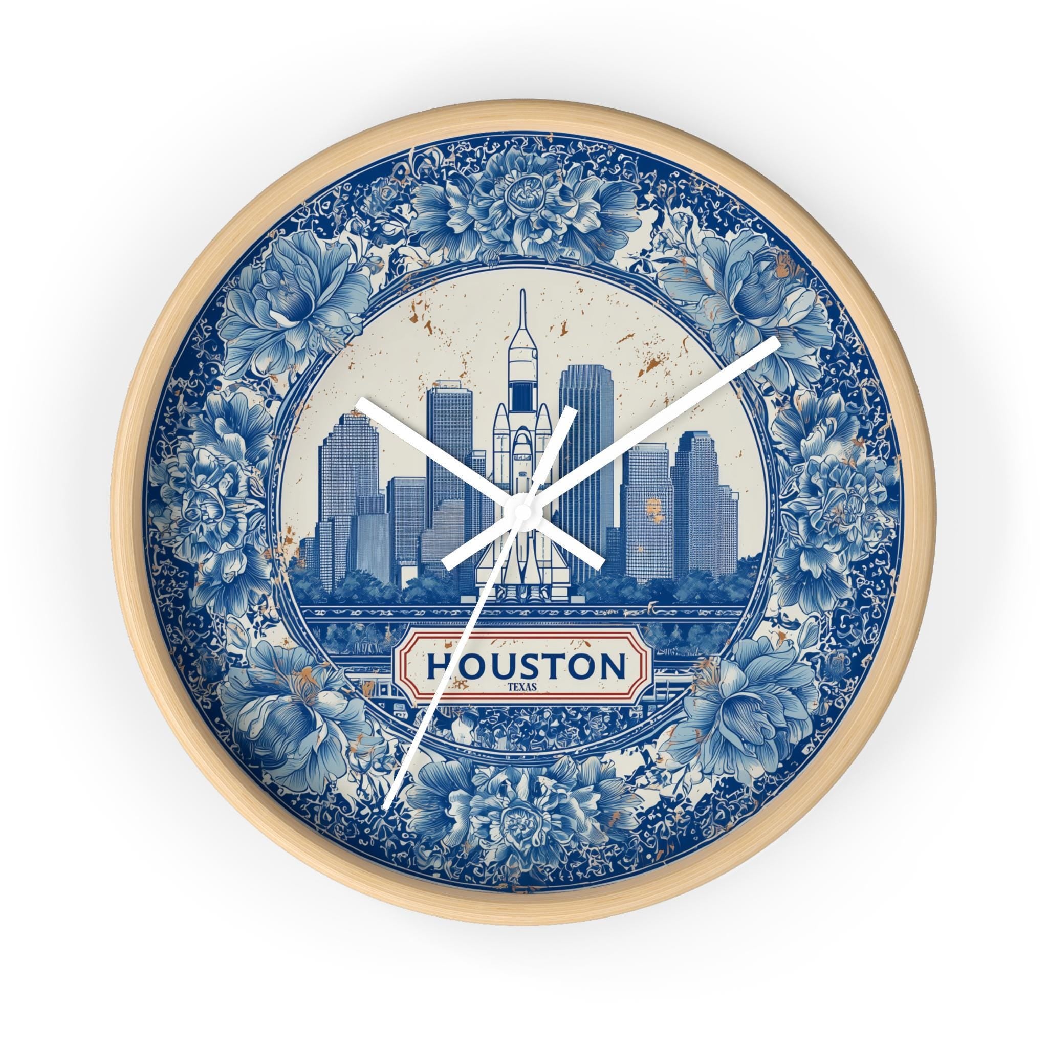 Houston Texas Wall Clock, Delf style Home Decor, Vintage City Travel Keepsake Art