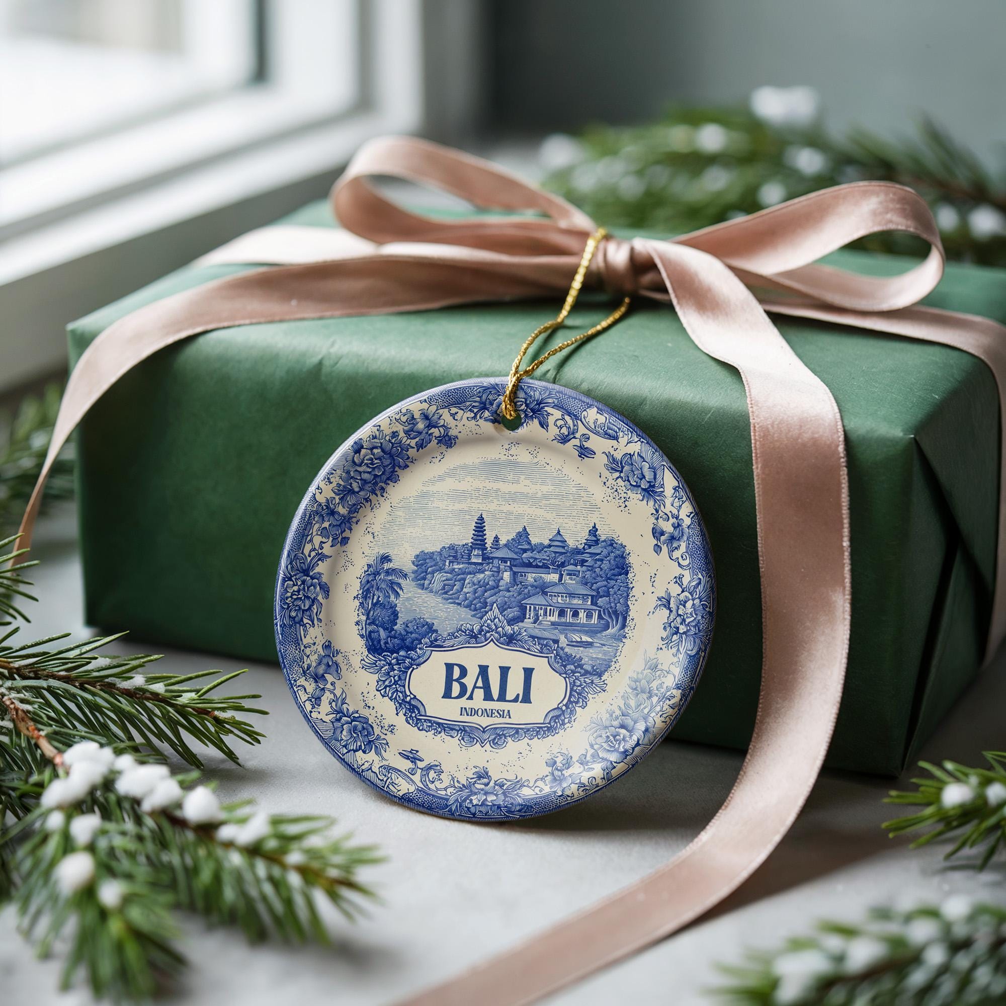 Custom Bali Indonesia Ceramic Delft Ornament, Christmas Delftware Blue Delftware city travel