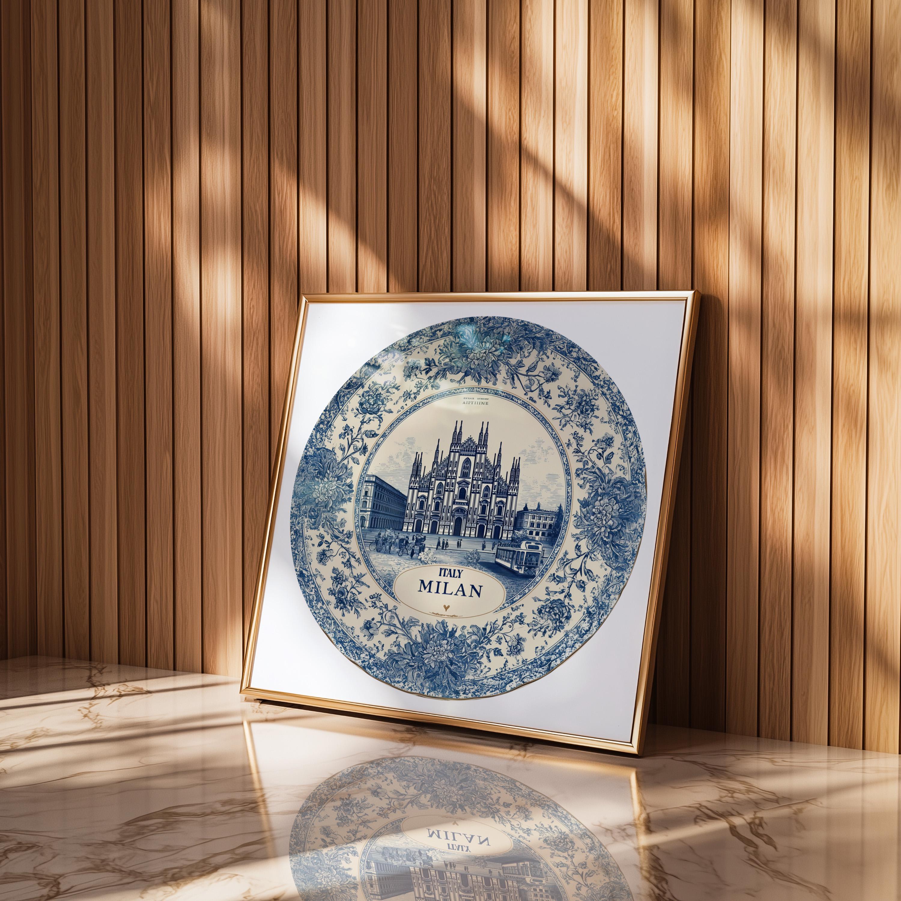 Milan Italy Wall Art, Vintage Delft Blue Poster, City Print, Travel Home Decor