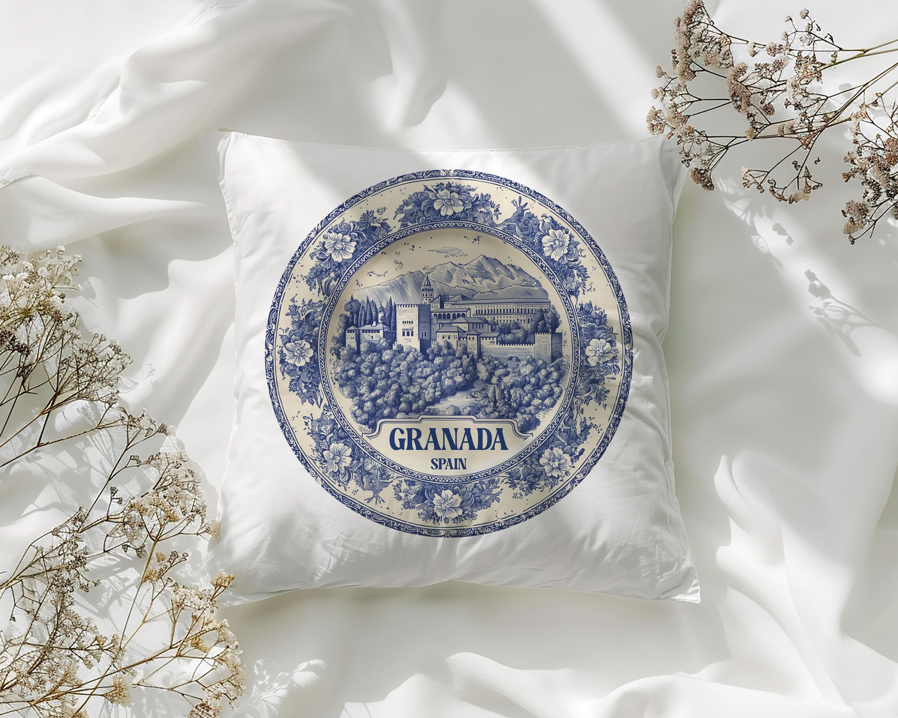 Granada Spain Pillowcase, Delft Style Decorative Throw Pillow, Vintage Cityscape Retro Home Decor