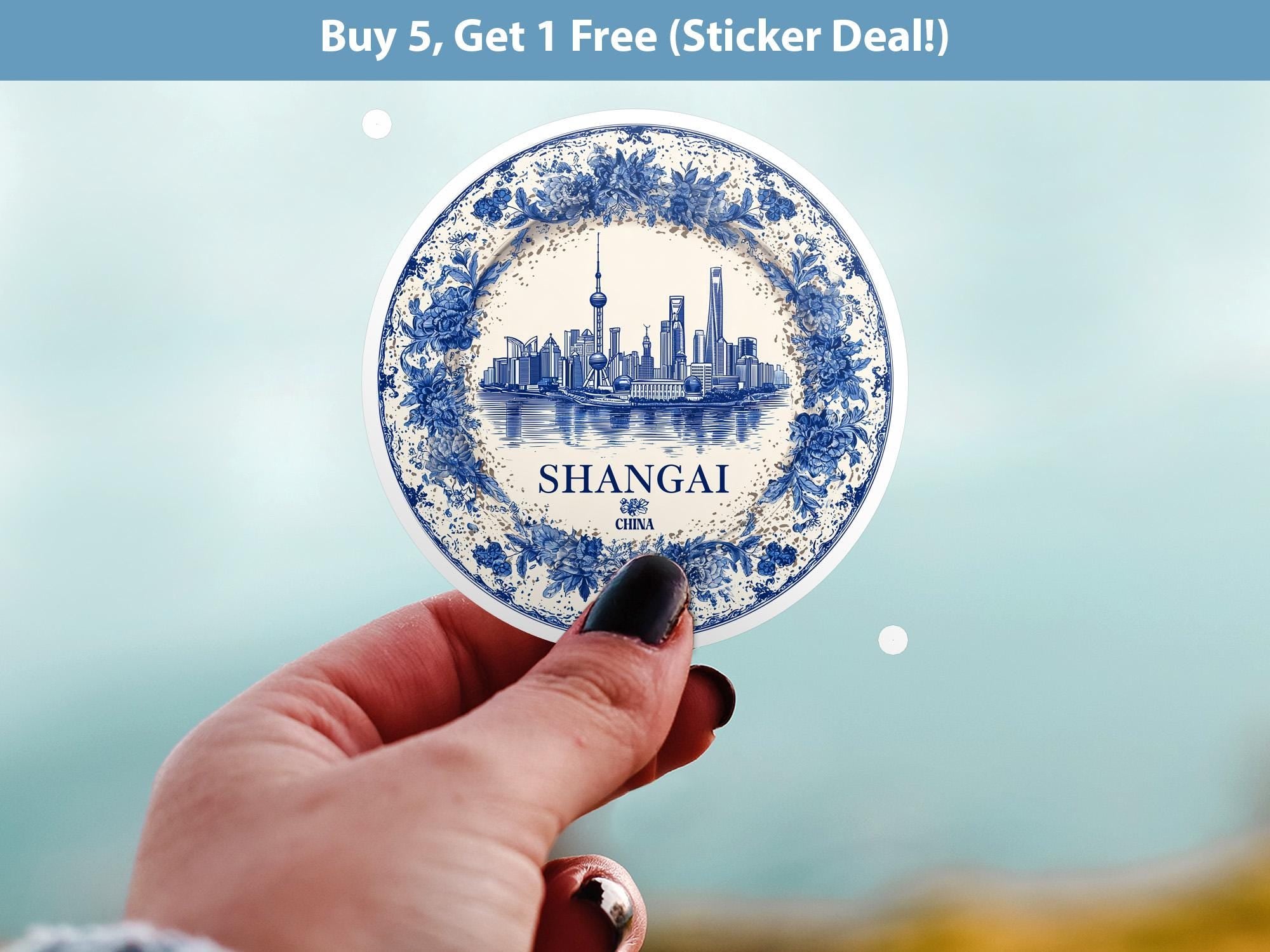 Shanghai China Sticker Vintage Delft style, Delftware Decal Waterproof Vinyl, Blue City Travel