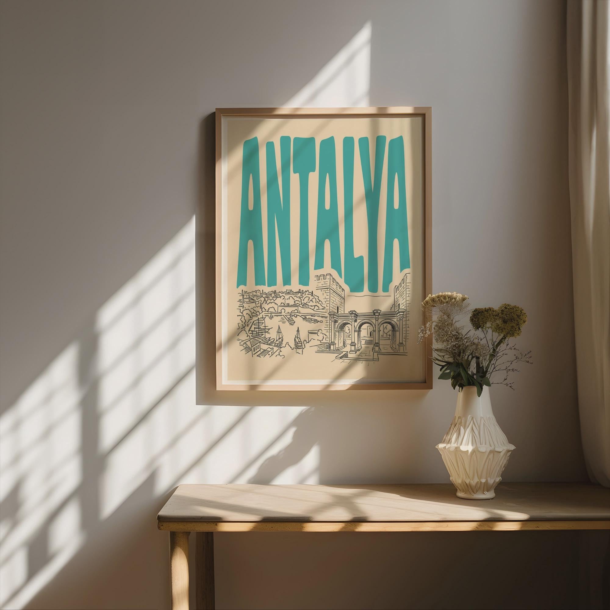 Antalya Turkey Wall Art, Retro Travel Poster, Framed Canvas Print