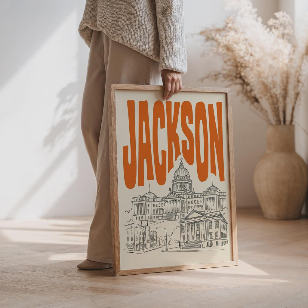 Jackson Mississippi Wall Minimalist Art, Framed Canvas Print, State Capitol Skyline Decor