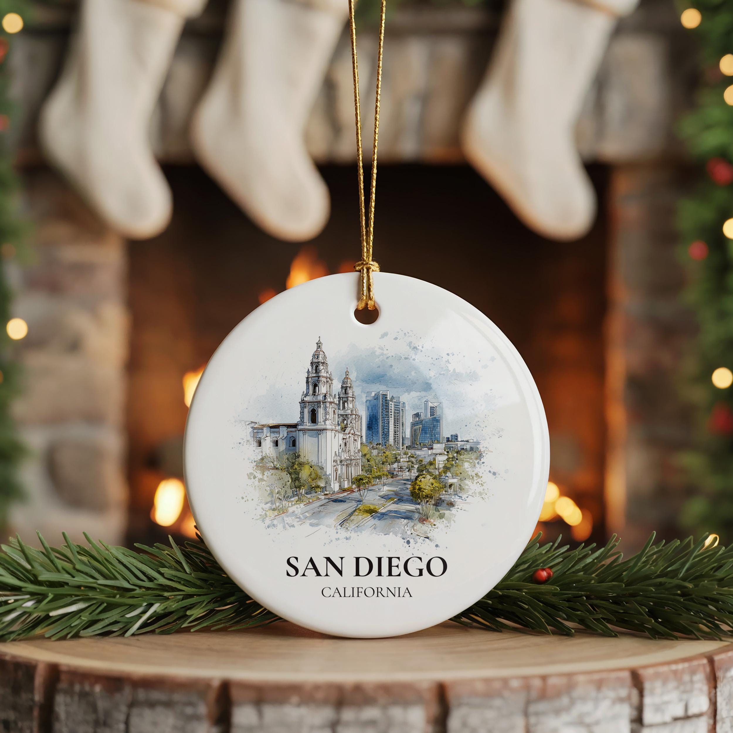 San Diego California Personalized Watercolor Ornament, Custom Ceramic Christmas gift, Travel Keepsake