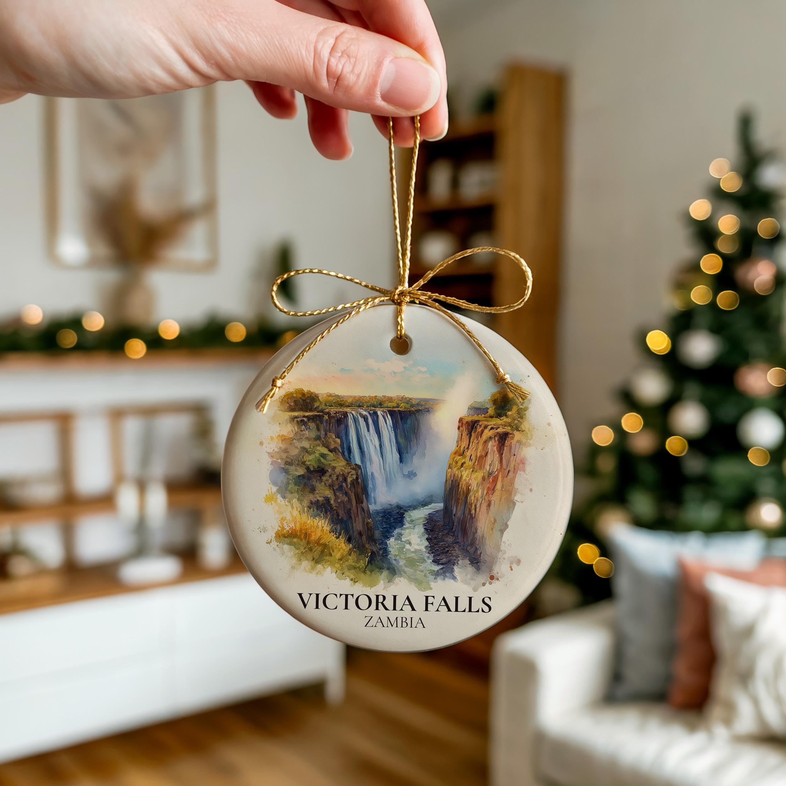 Victoria Falls Zambia Personalized Watercolor Ornament, Custom Ceramic Christmas gift, Travel Keepsake
