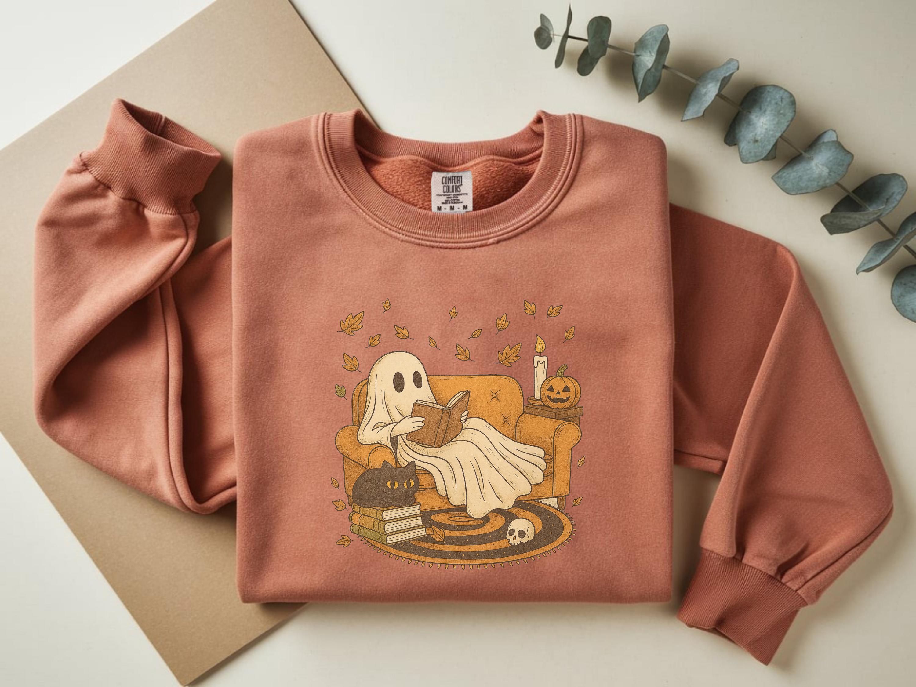 Retro Ghost reading book Halloween, Lazy Cute Halloween Spooky Season gift for her, Boo School, gift for her, him