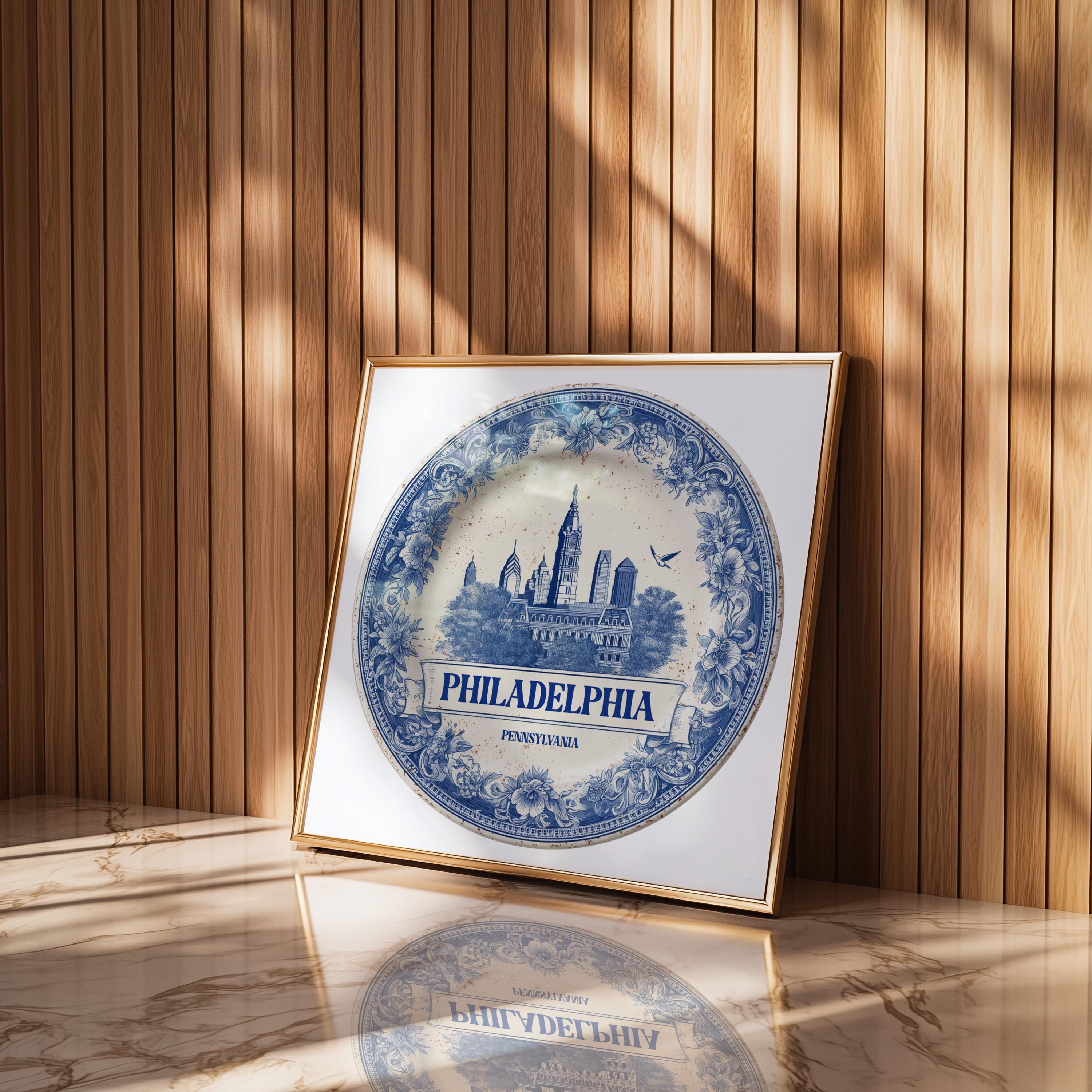 Philadelphia Pennsylvania Wall Art, Vintage Delft Blue Poster, City Print, Travel Home Decor
