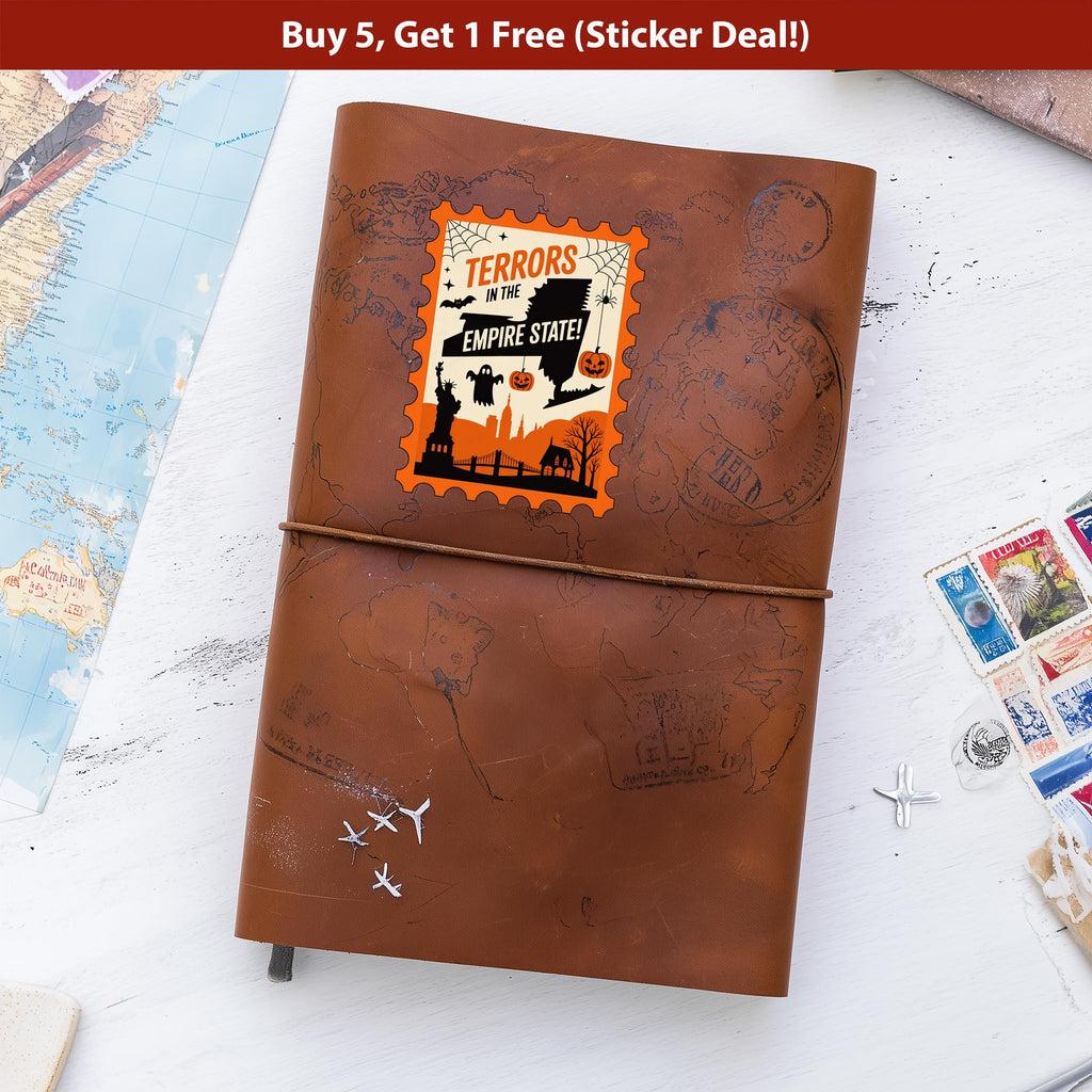 New York Stamp Halloween Sticker, Spooky USA Kiss-Cut Vinyl, Waterproof Decal, United States Travel