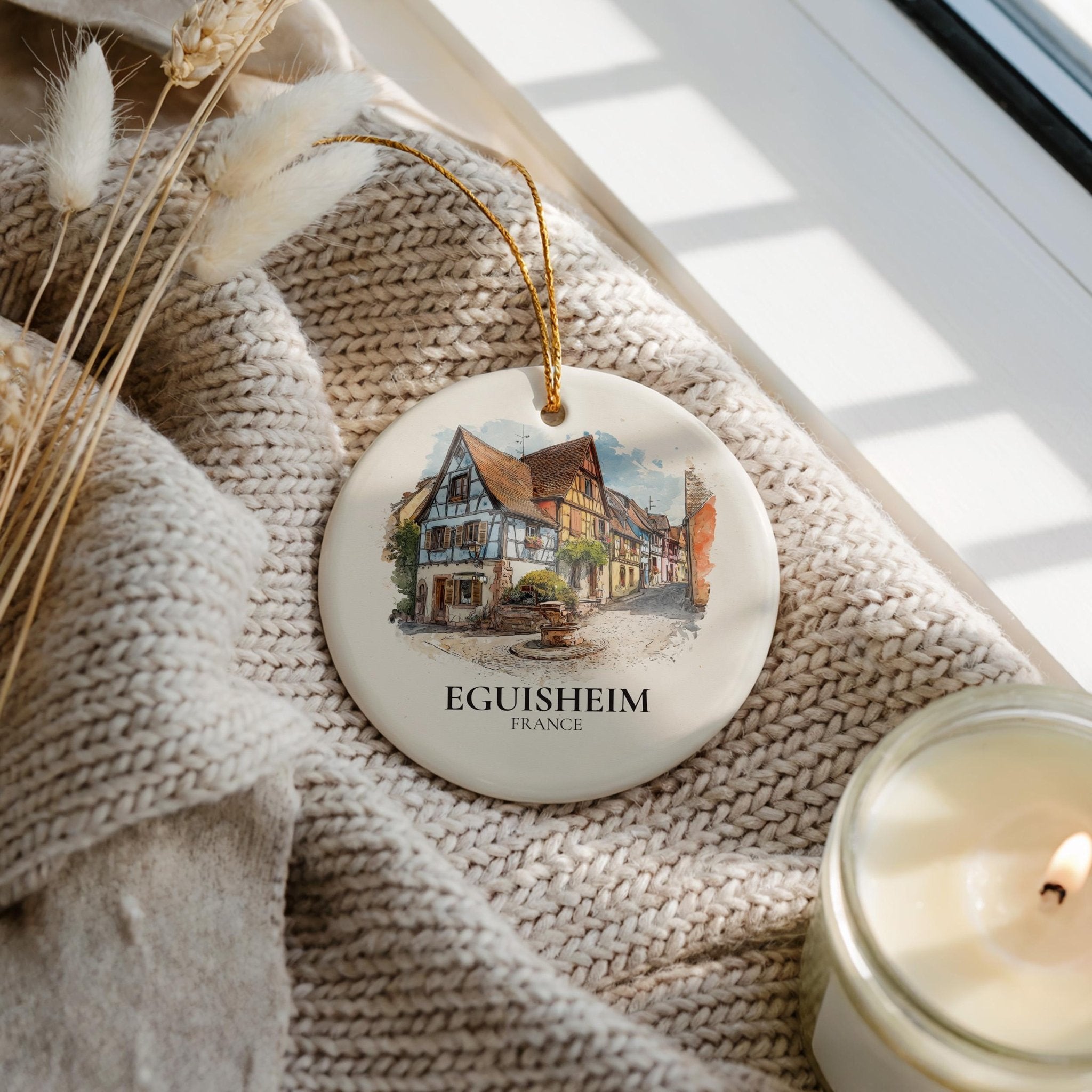 Eguisheim France Personalized Watercolor Ornament, Custom Ceramic Christmas gift, Travel Keepsake - CuteBeePix