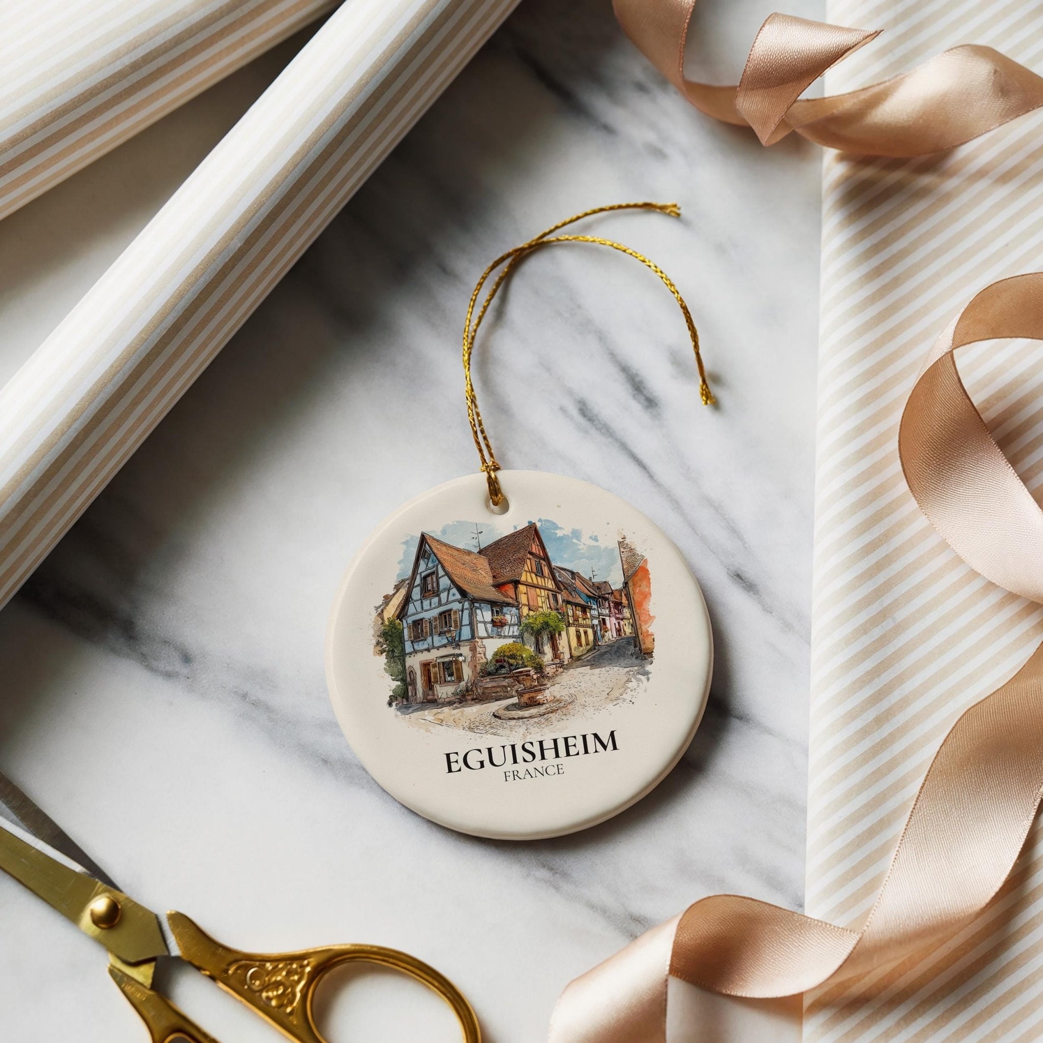 Eguisheim France Personalized Watercolor Ornament, Custom Ceramic Christmas gift, Travel Keepsake - CuteBeePix