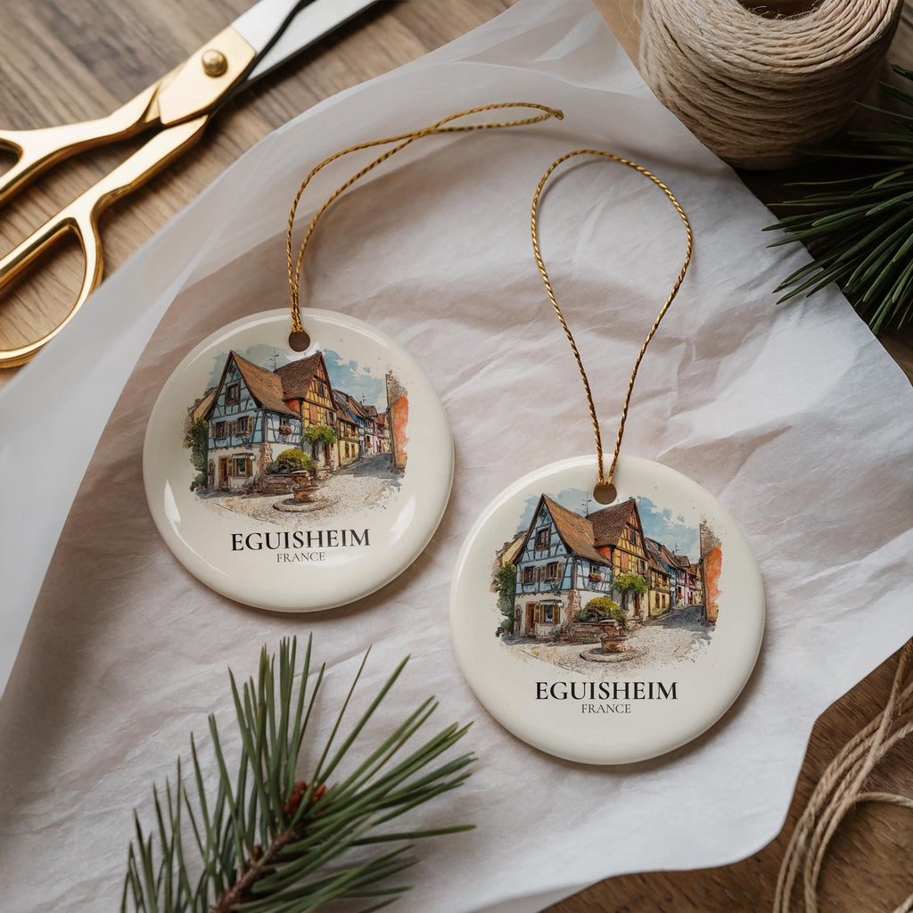 Eguisheim France Personalized Watercolor Ornament, Custom Ceramic Christmas gift, Travel Keepsake - CuteBeePix