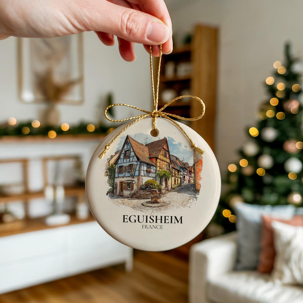 Eguisheim France Personalized Watercolor Ornament, Custom Ceramic Christmas gift, Travel Keepsake - CuteBeePix