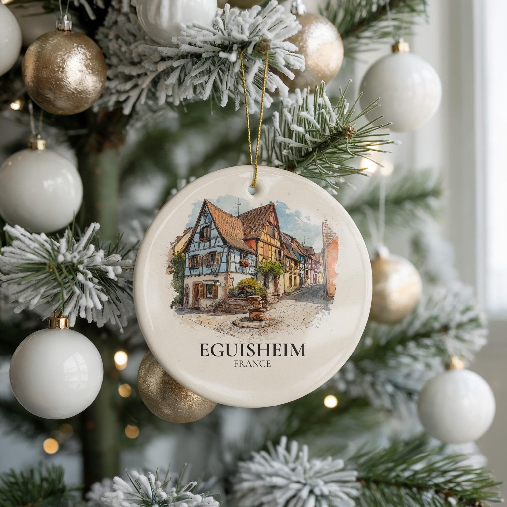 Eguisheim France Personalized Watercolor Ornament, Custom Ceramic Christmas gift, Travel Keepsake - CuteBeePix