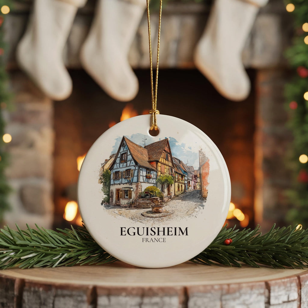 Eguisheim France Personalized Watercolor Ornament, Custom Ceramic Christmas gift, Travel Keepsake - CuteBeePix