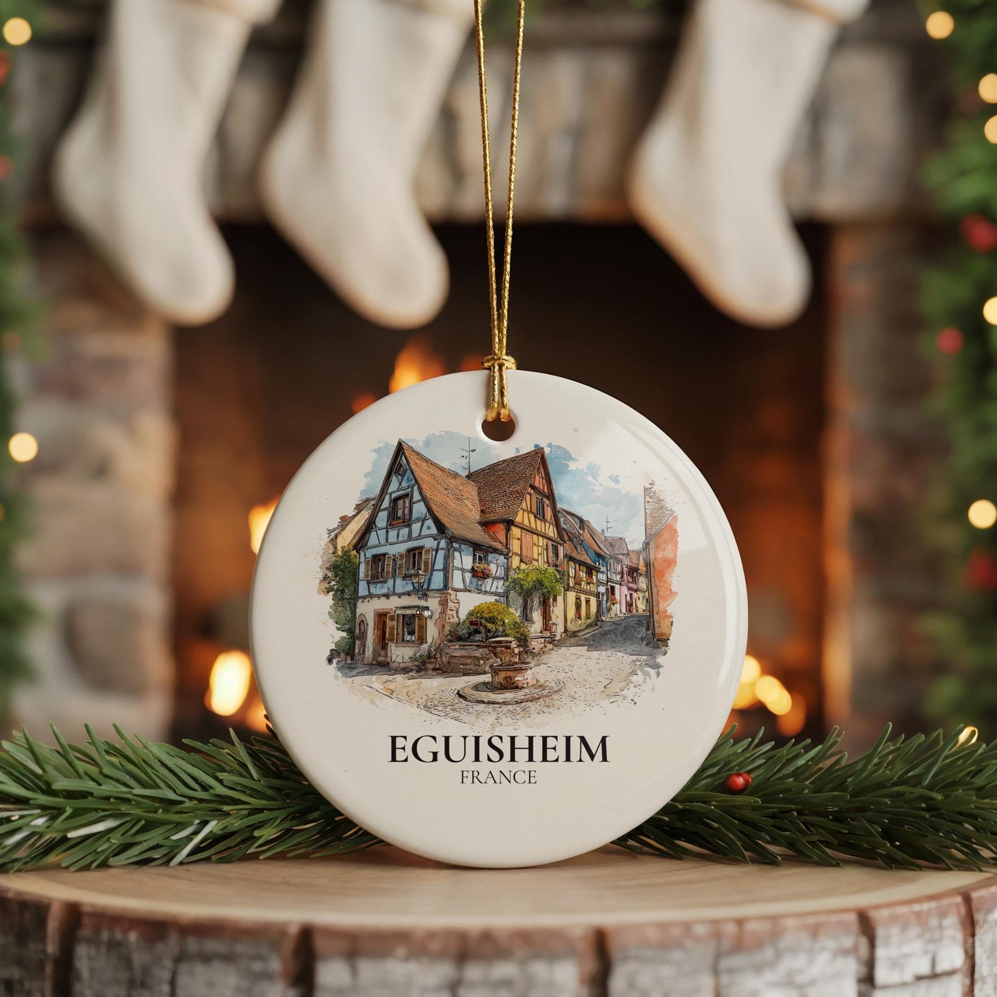 Eguisheim France Personalized Watercolor Ornament, Custom Ceramic Christmas gift, Travel Keepsake - CuteBeePix
