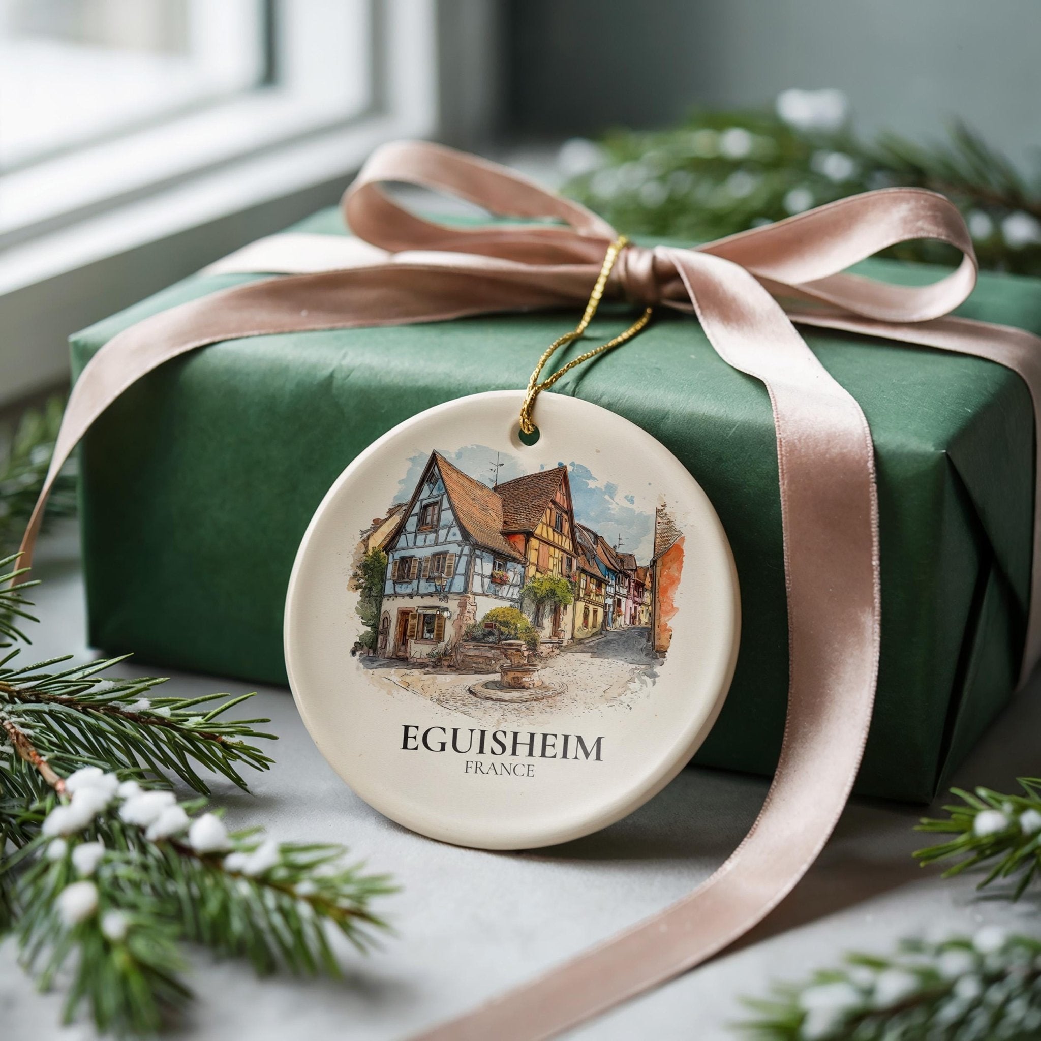 Eguisheim France Personalized Watercolor Ornament, Custom Ceramic Christmas gift, Travel Keepsake - CuteBeePix