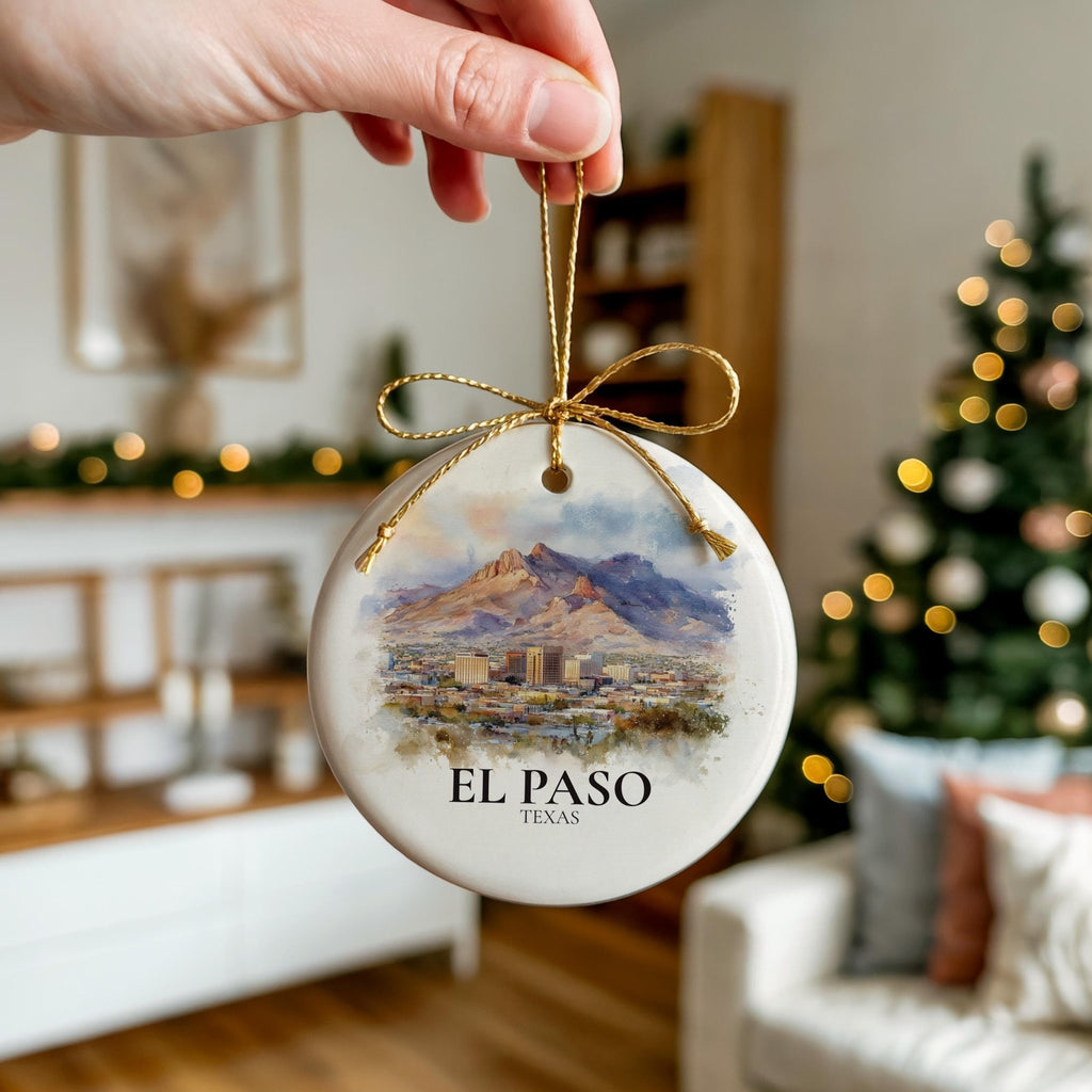 El Paso Texas Personalized Watercolor Ornament, Custom Ceramic Christmas gift, Travel Keepsake - CuteBeePix