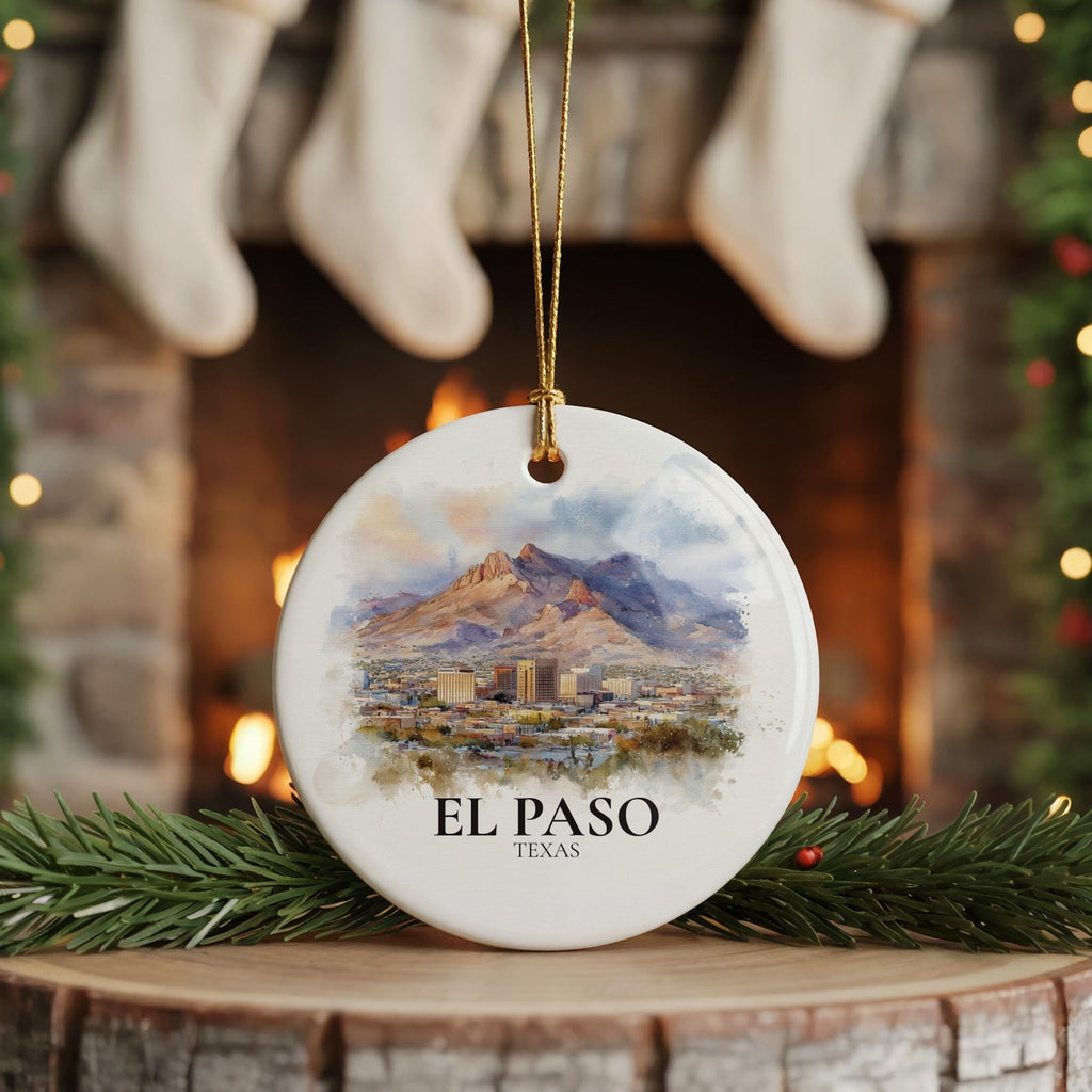 El Paso Texas Personalized Watercolor Ornament, Custom Ceramic Christmas gift, Travel Keepsake - CuteBeePix