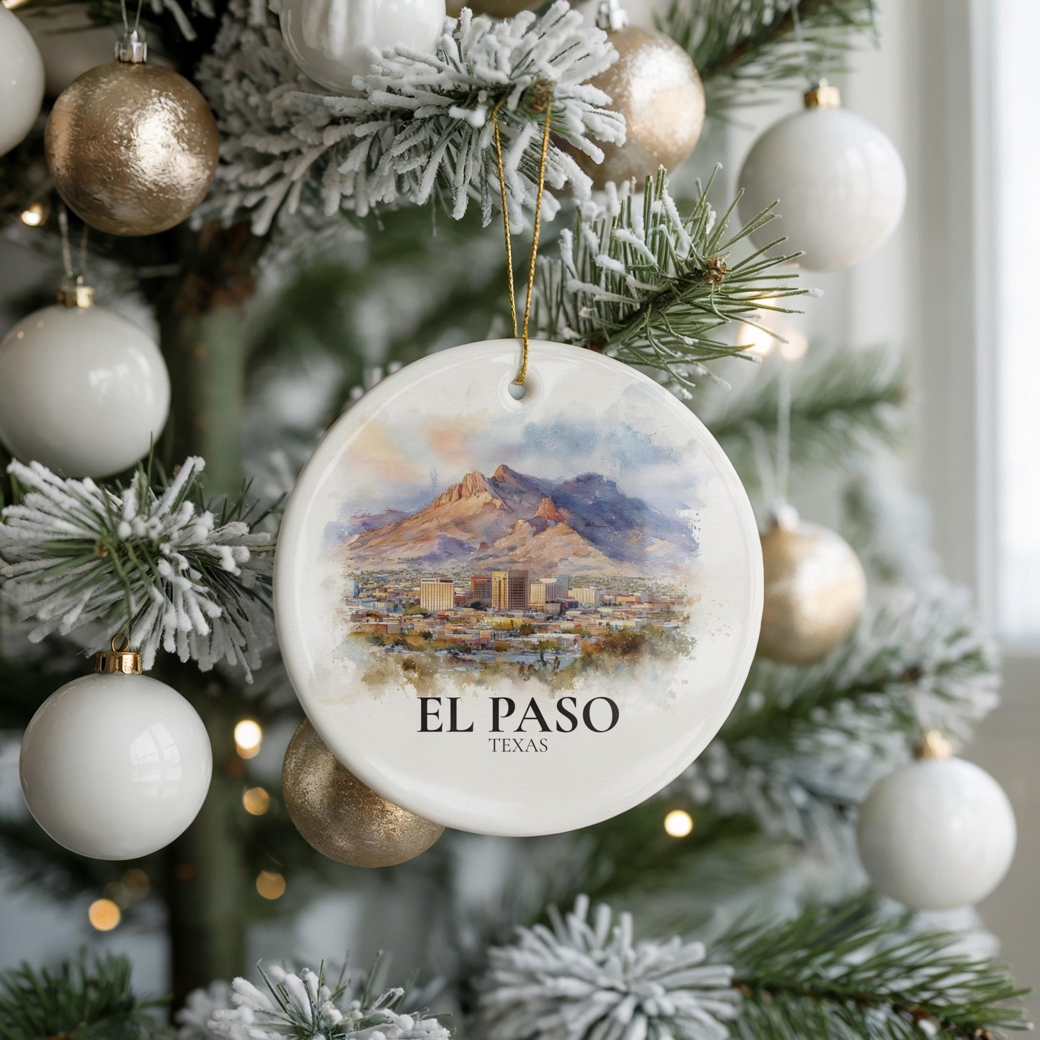 El Paso Texas Personalized Watercolor Ornament, Custom Ceramic Christmas gift, Travel Keepsake - CuteBeePix