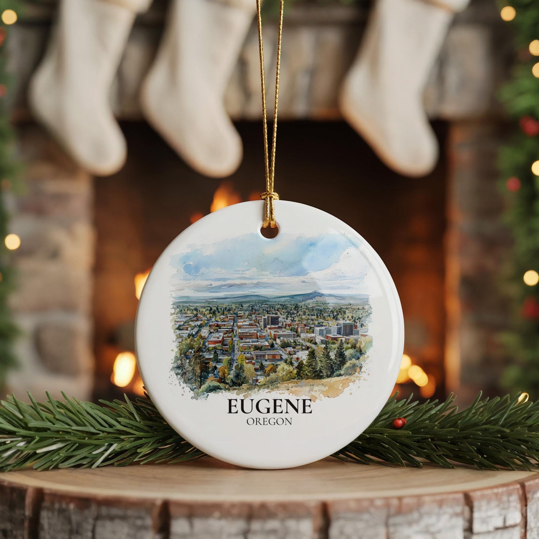 Eugene Oregon Personalized Watercolor Ornament, Custom Ceramic Christmas gift, Travel Keepsake - CuteBeePix
