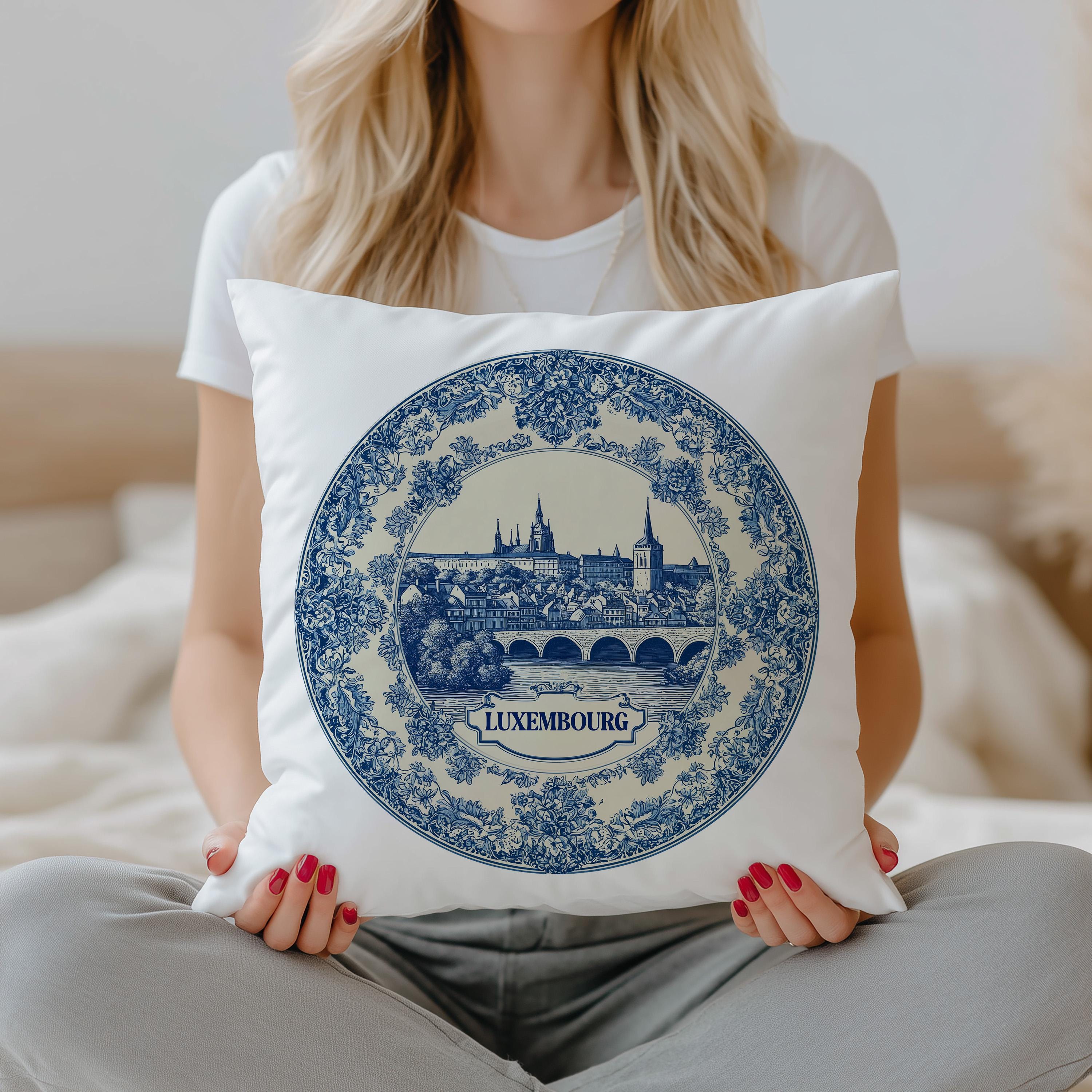 Luxembourg Pillowcase, Delft Style Decorative Throw Pillow, Vintage Cityscape Retro Home Decor