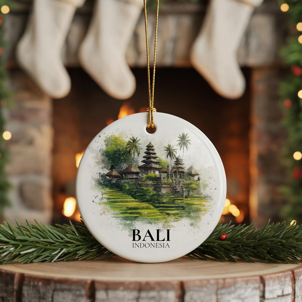 Bali Indonesia Personalized Watercolor Ornament, Custom Ceramic Christmas gift, Travel Keepsake