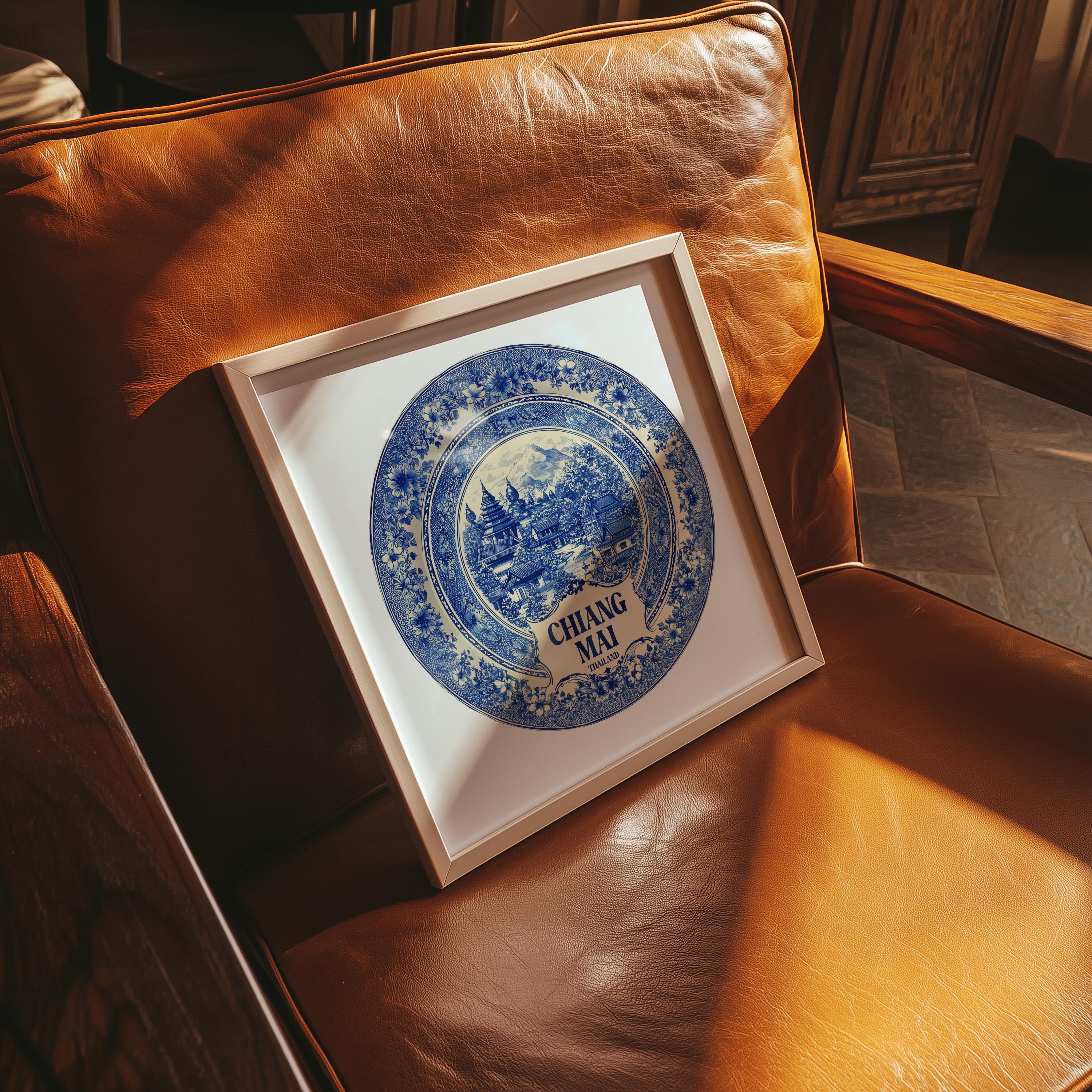 Chiang Mai Thailand Wall Art, Vintage Delft Blue Poster, City Print, Travel Home Decor