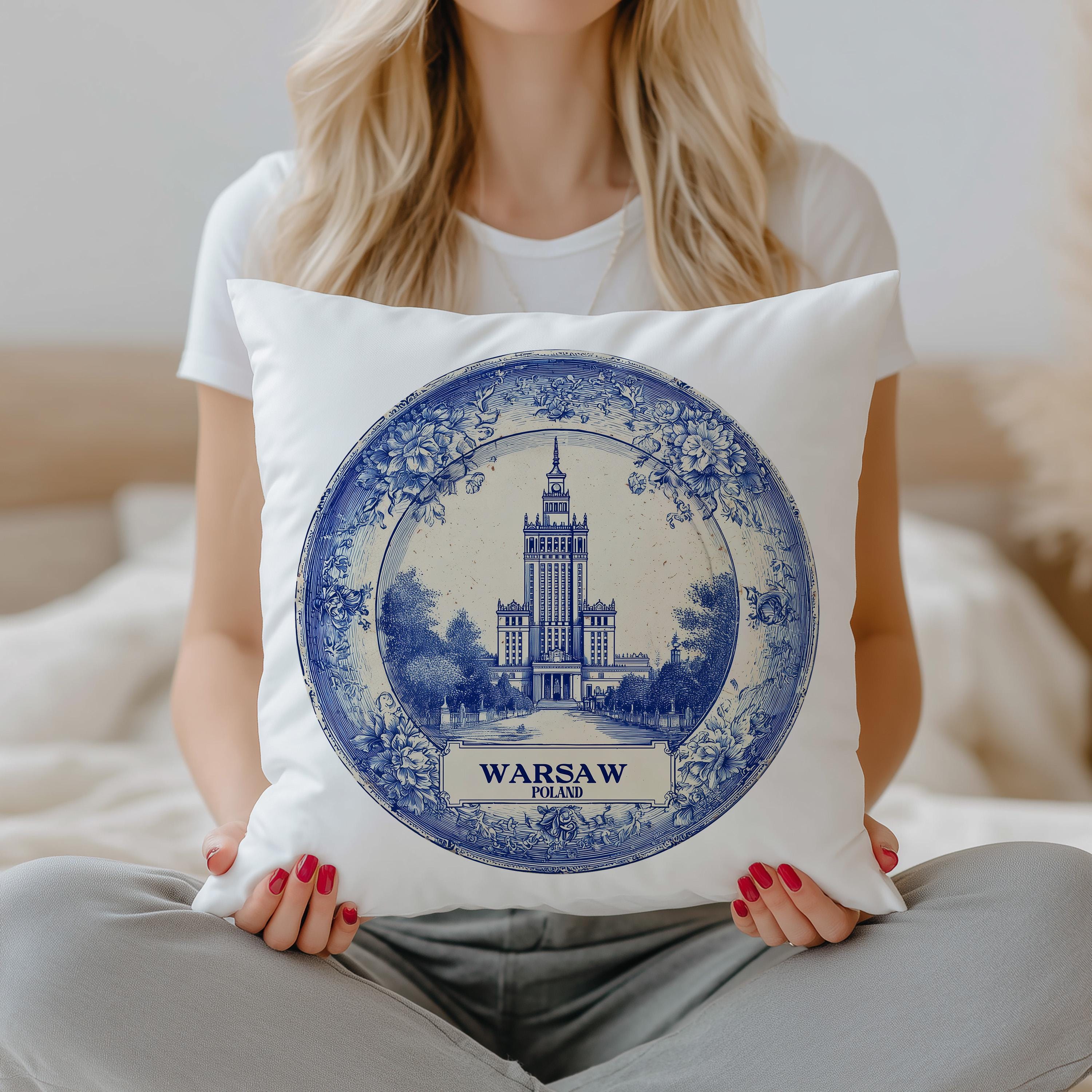 Warsaw Poland Pillowcase, Delft Style Decorative Throw Pillow, Vintage Cityscape Retro Home Decor