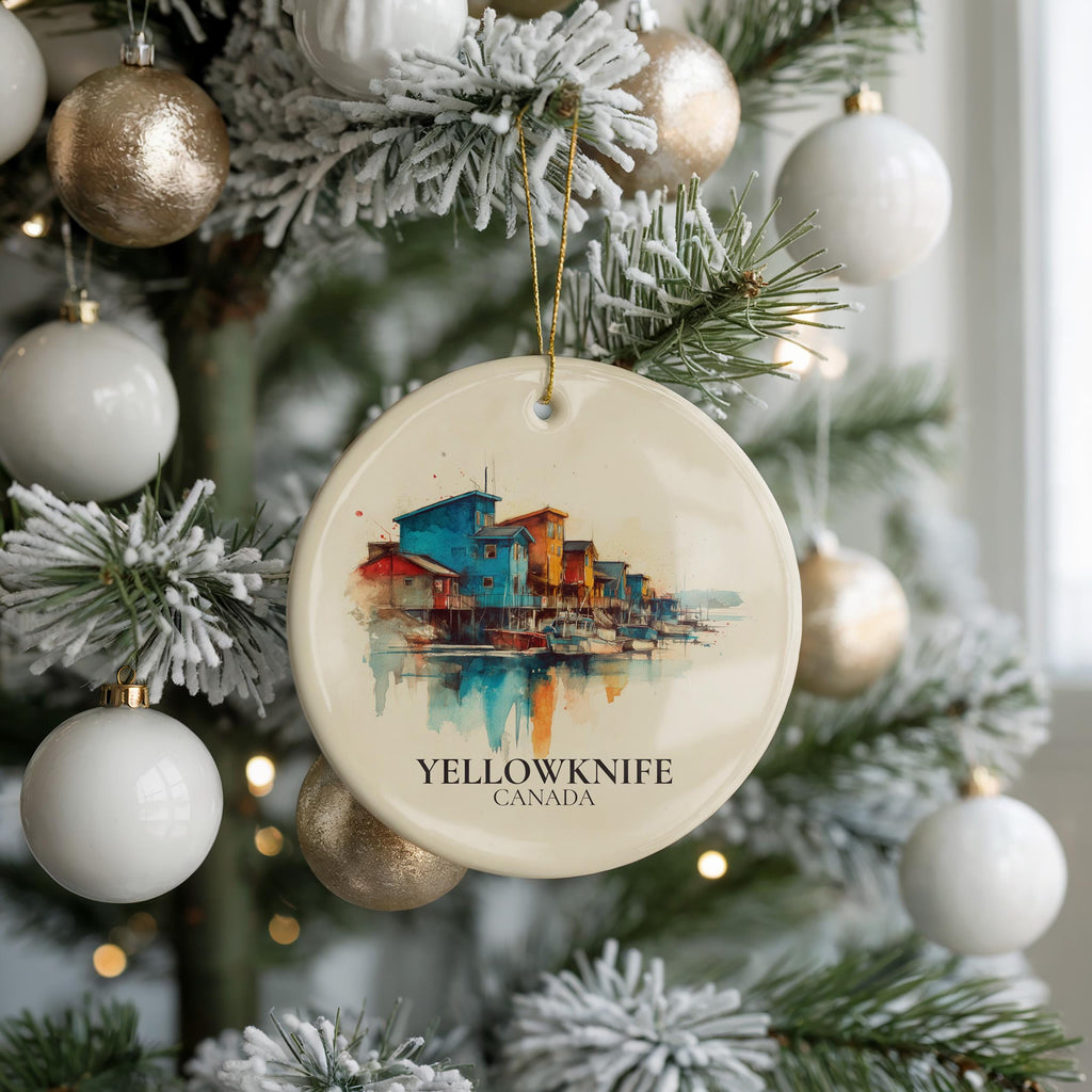 Yellowknife Canada Personalized Watercolor Ornament, Custom Ceramic Christmas gift, Travel Keepsake