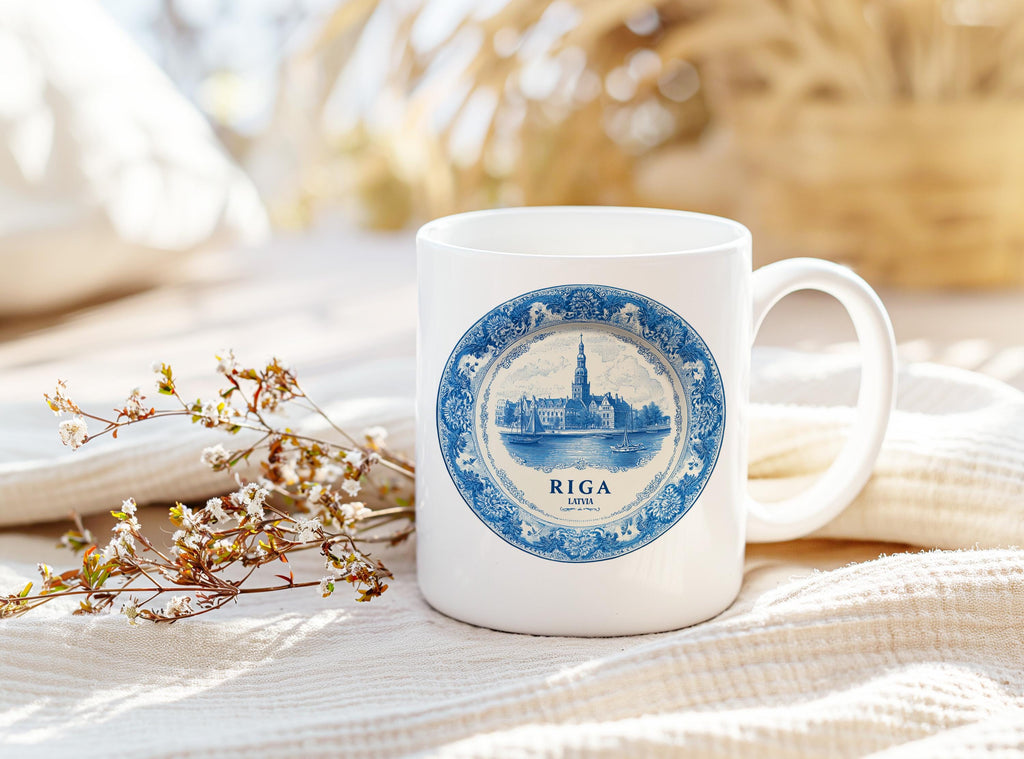Riga Latvia Mug, Custom Delft Style cup, Personalized Vintage Travel City Gift