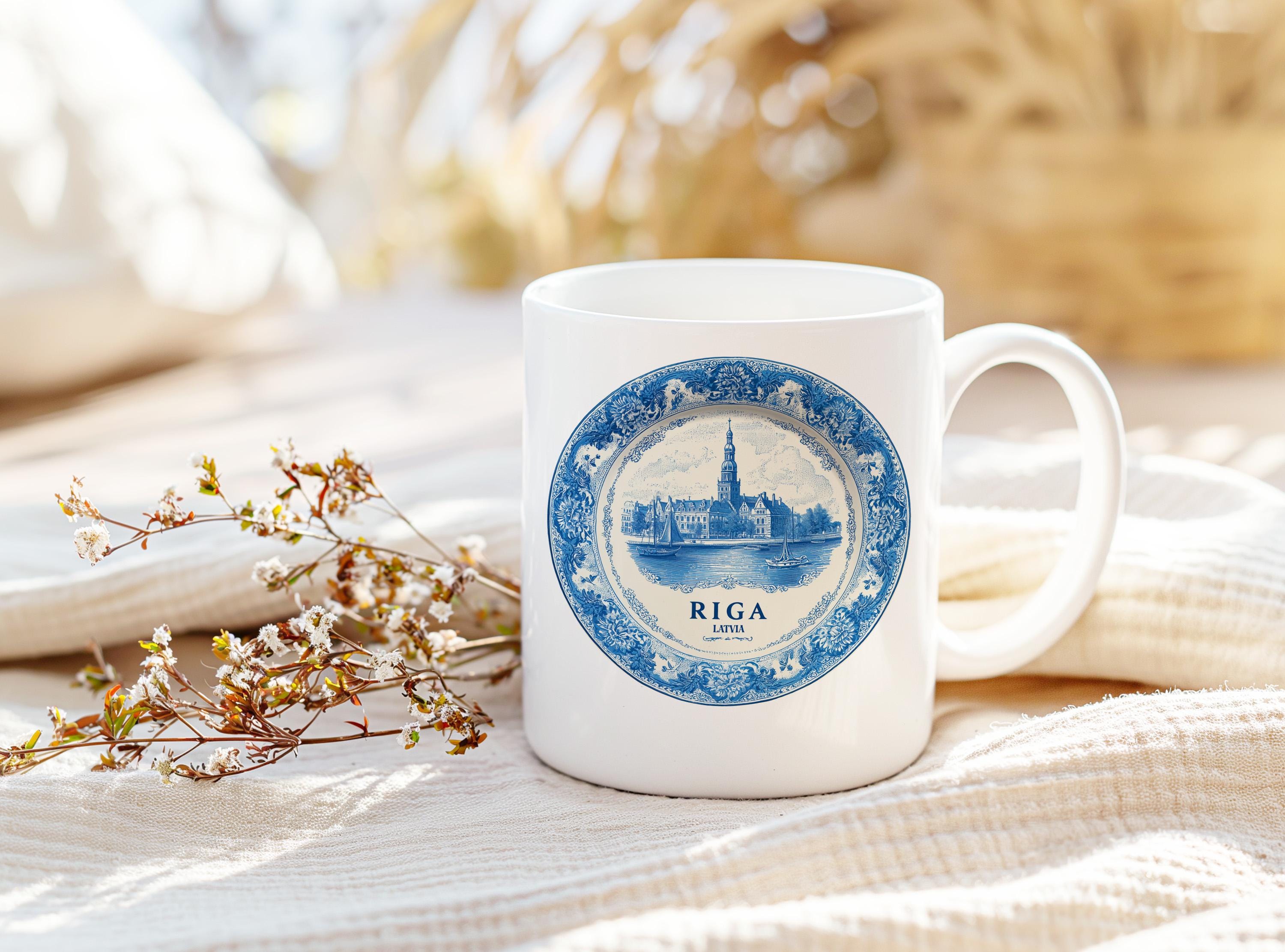 Riga Latvia Mug, Custom Delft Style cup, Personalized Vintage Travel City Gift