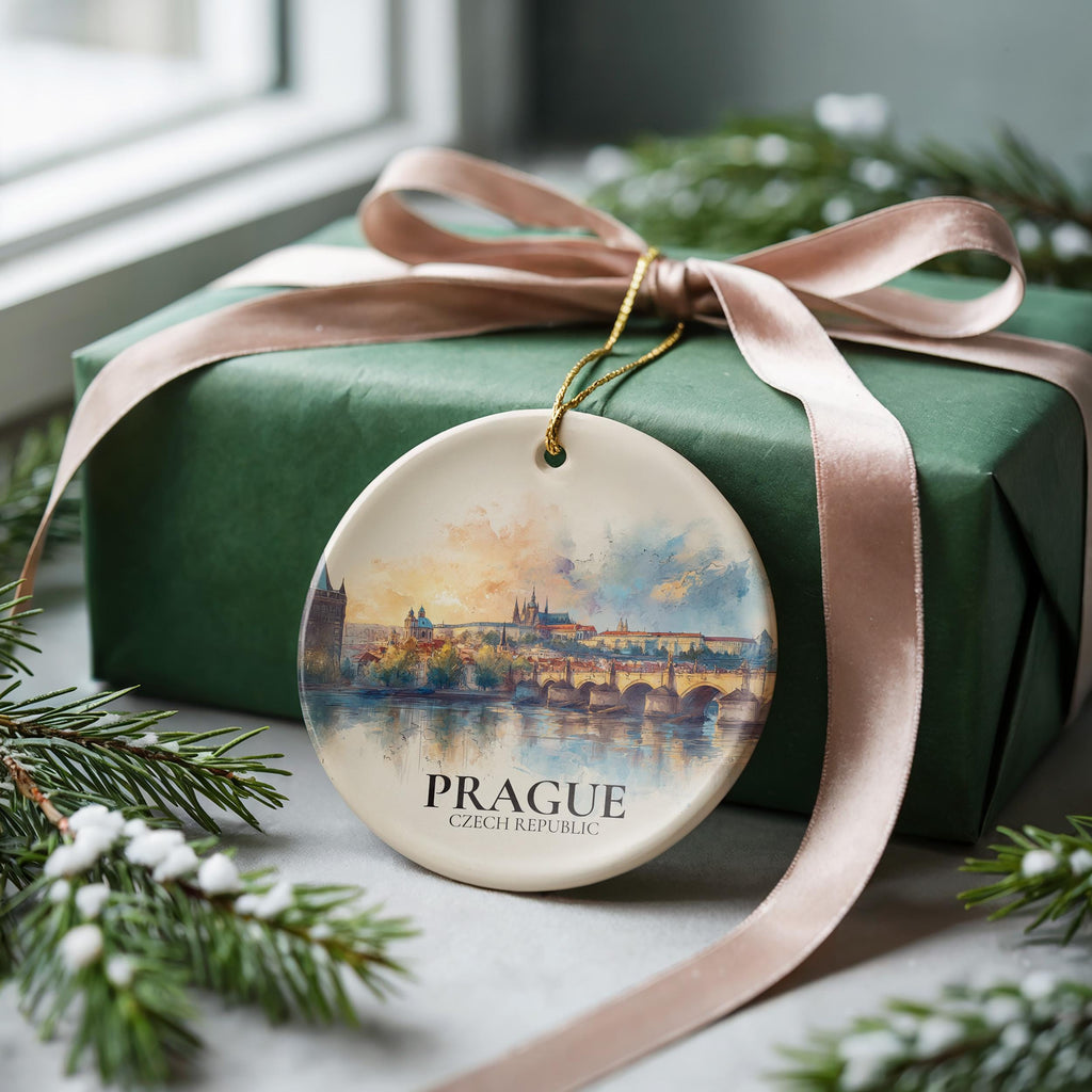 Prague Czech Republic Custom Watercolor Ornament, Personalized Ceramic Christmas gift, Travel Keepsake