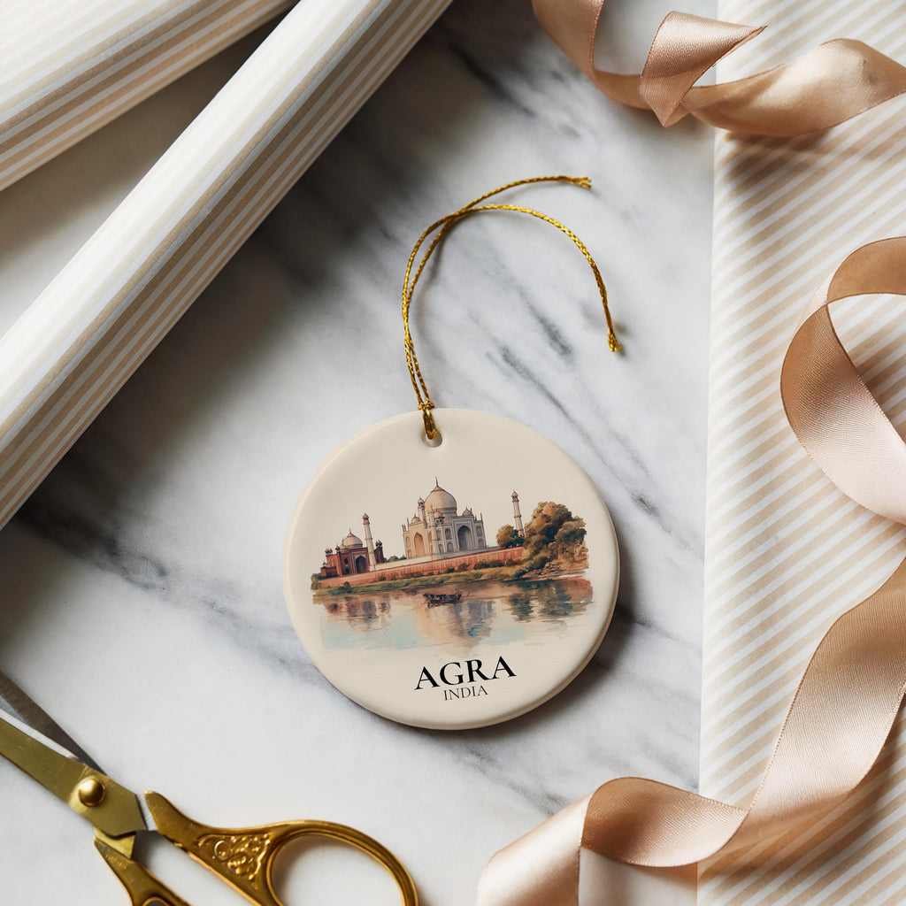 Agra India Personalized Watercolor Ornament, Custom Ceramic Christmas gift, Travel Keepsake
