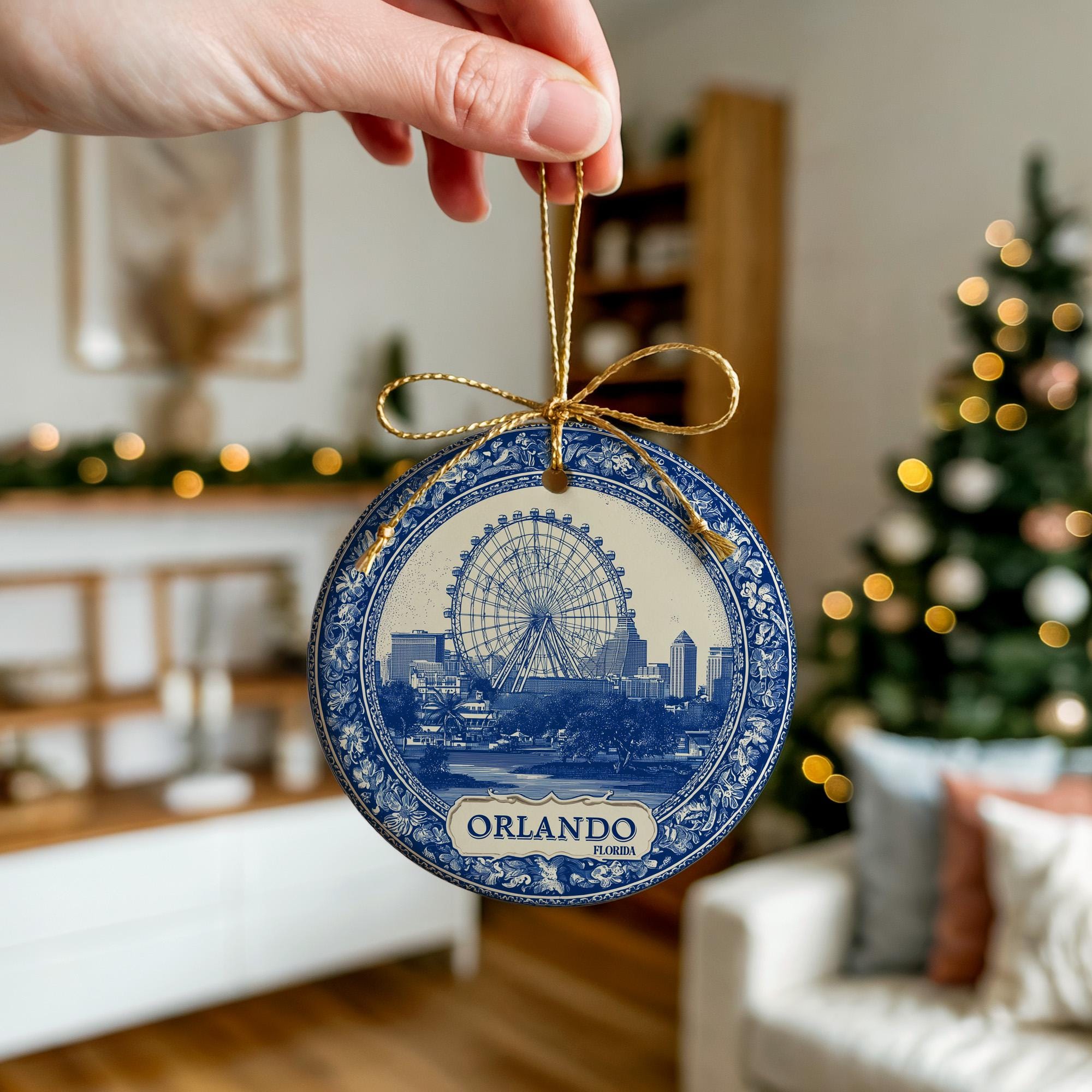 Custom Orlando Florida Ceramic Delft Ornament, Christmas Delftware Blue Delftware city travel