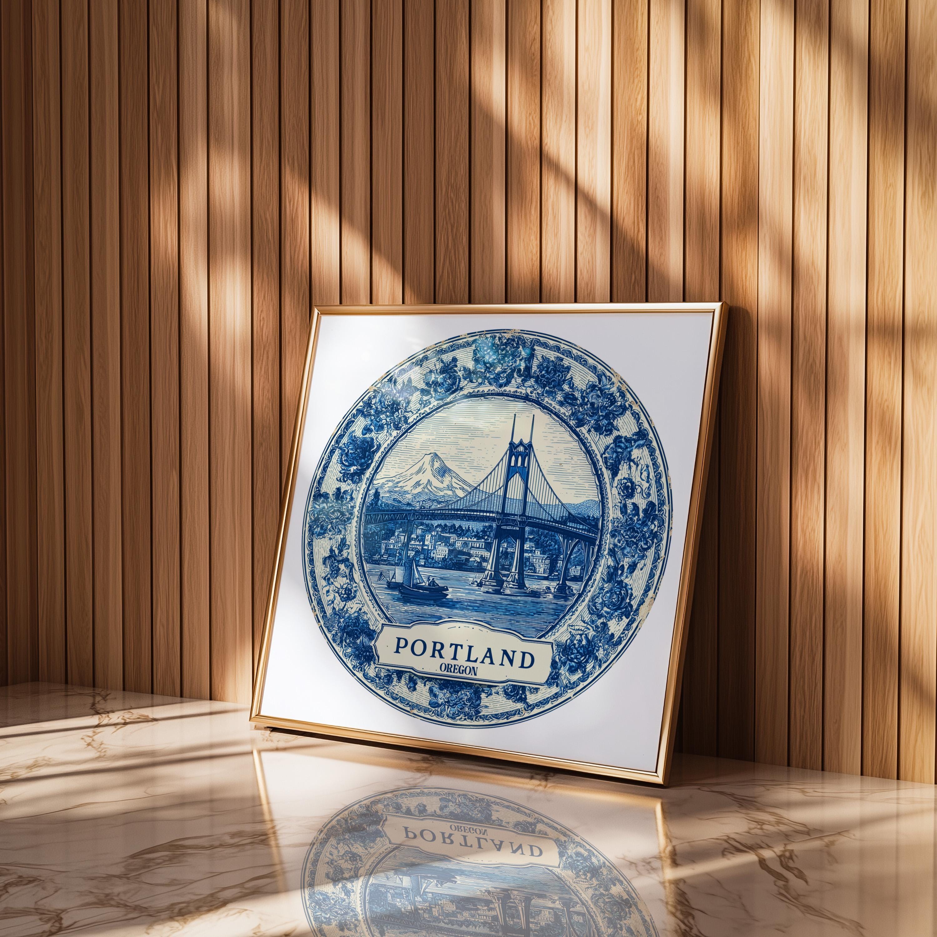 Portland Oregon Wall Art, Vintage Delft Blue Poster, City Print, Travel Home Decor